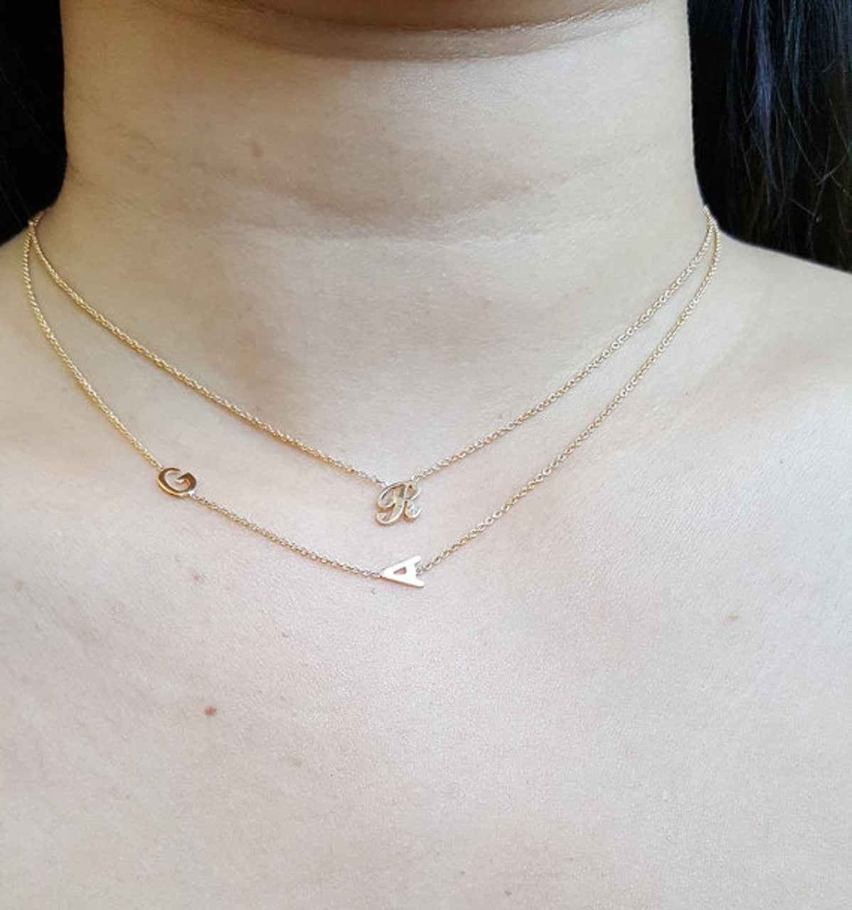 Sideways Two Block Initial Necklace 14K Gold