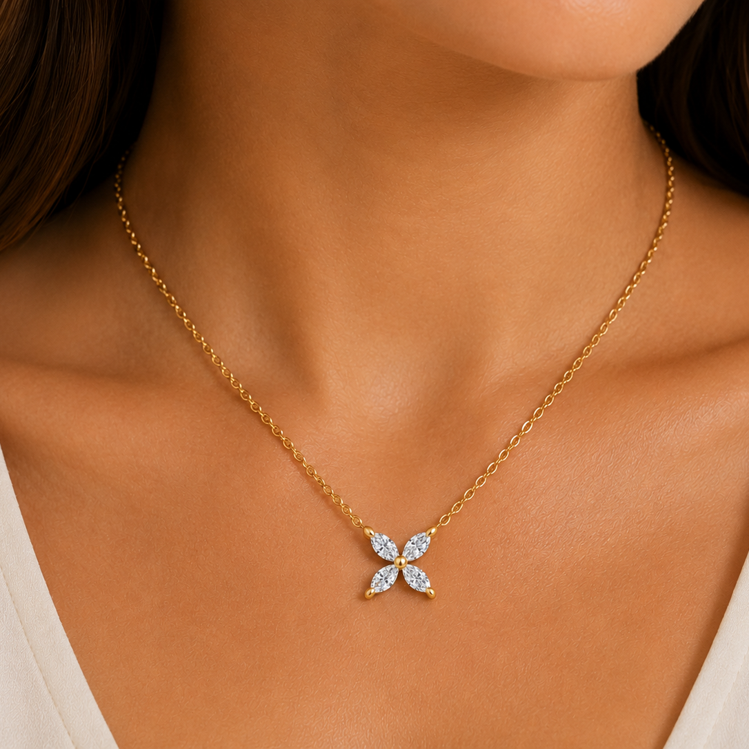 Marquise Cut Diamond Floral Pendant Necklace 14K Gold – Elegant Flower Diamond Necklace