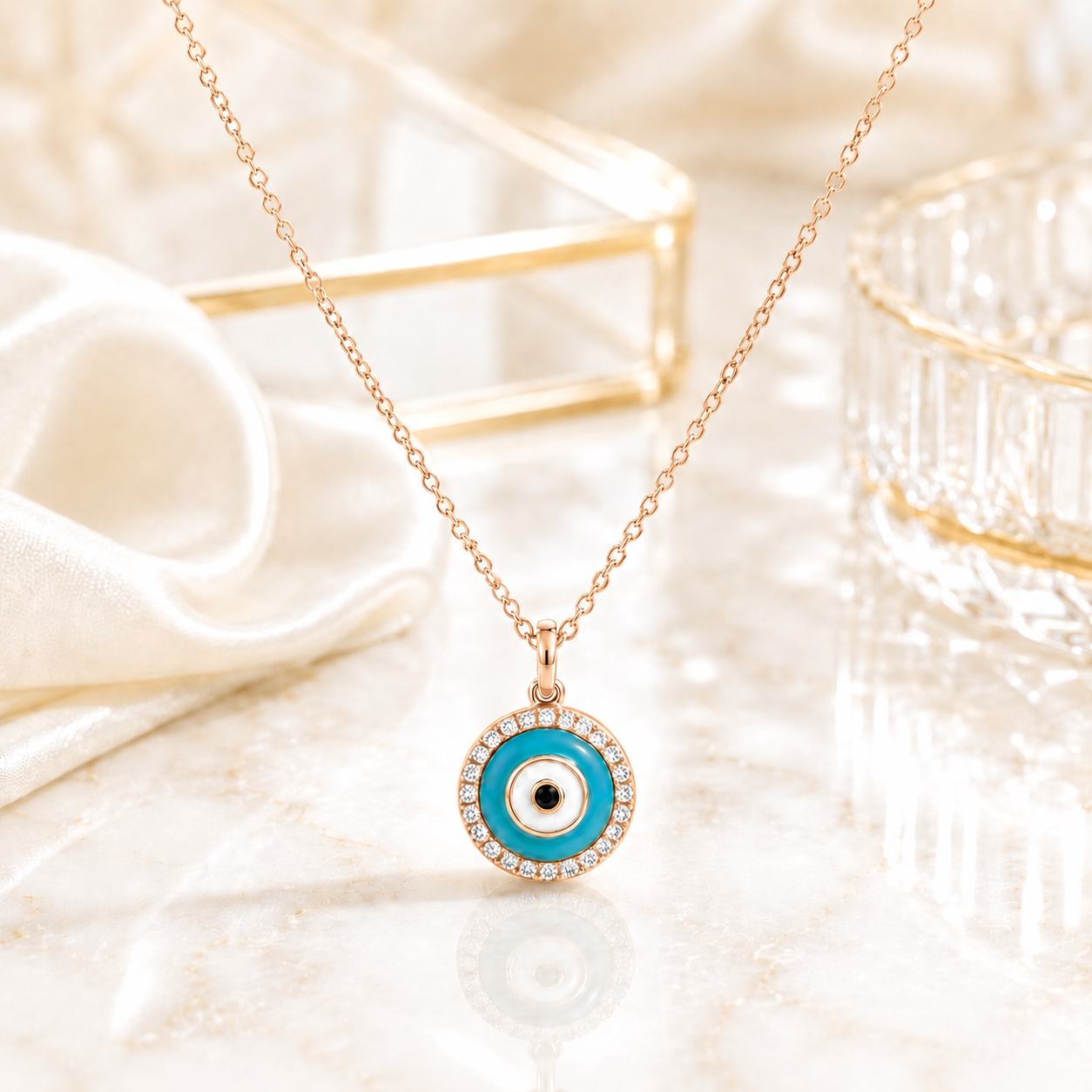 14K Gold Diamond Evil Eye Pendant Charm with Turquoise Enamel