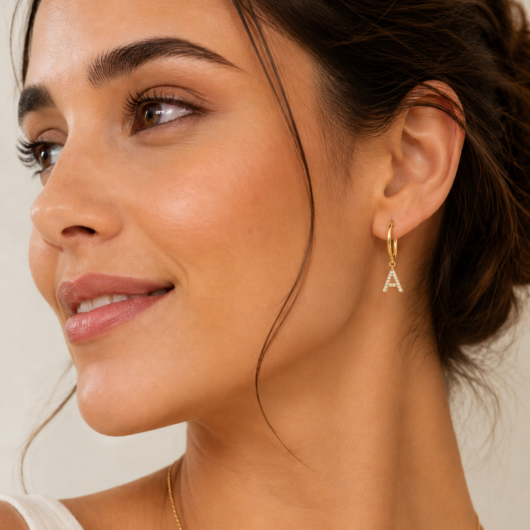 14K Gold Natural Diamond Initial Hoop Earrings - Personalized Letter Charm Huggie Earrings