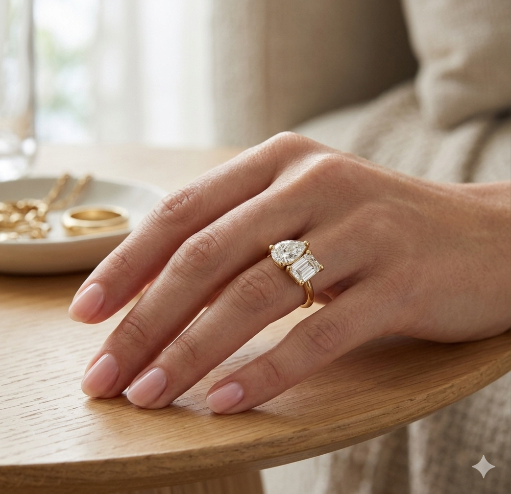 Toi et Moi Pear & Emerald Cut Lab Grown Diamond Ring 14K Gold
