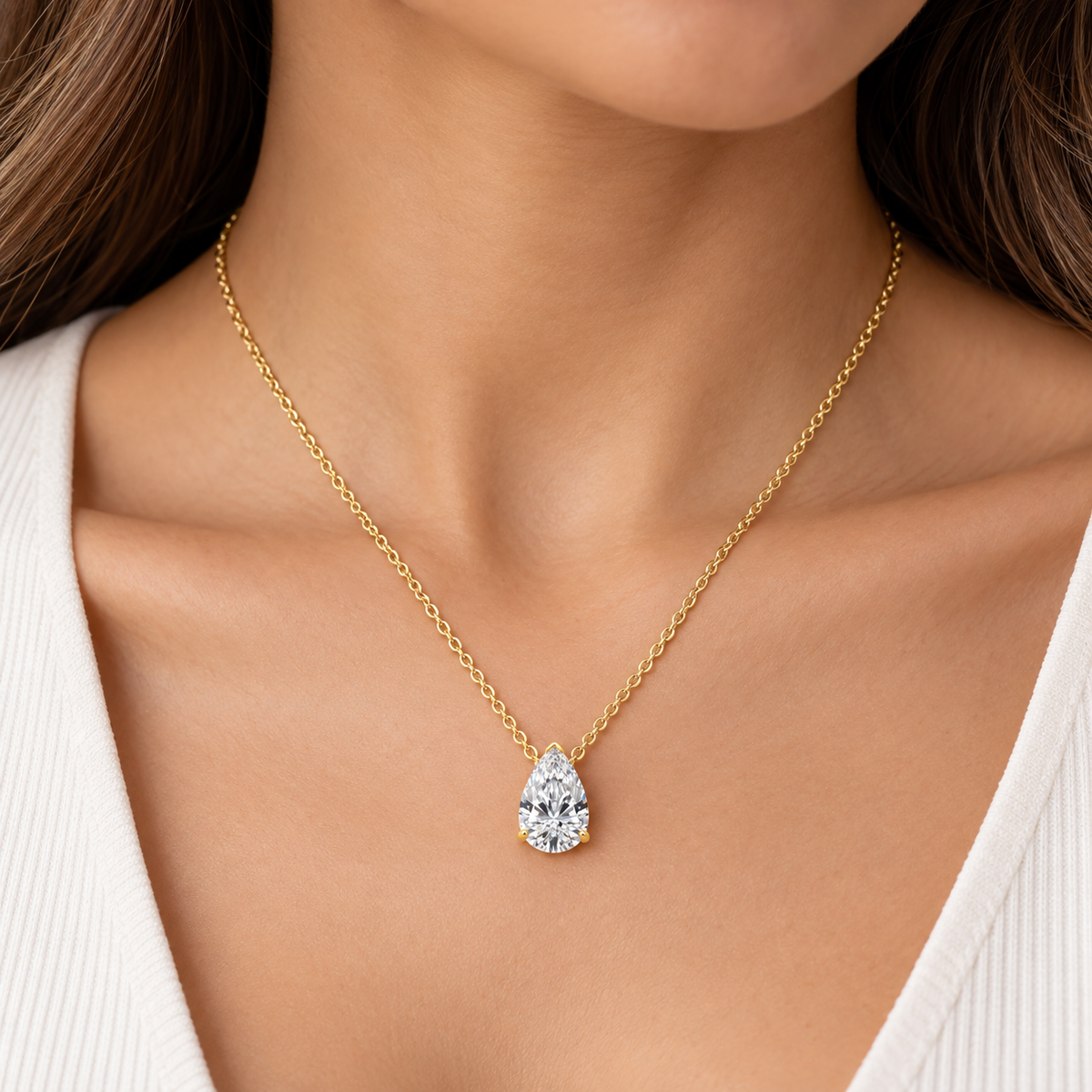 Lab-grown pear-shaped diamond necklace in 14K gold, 1ct to 4ct, IGI certified, slide-on pendant with no bail