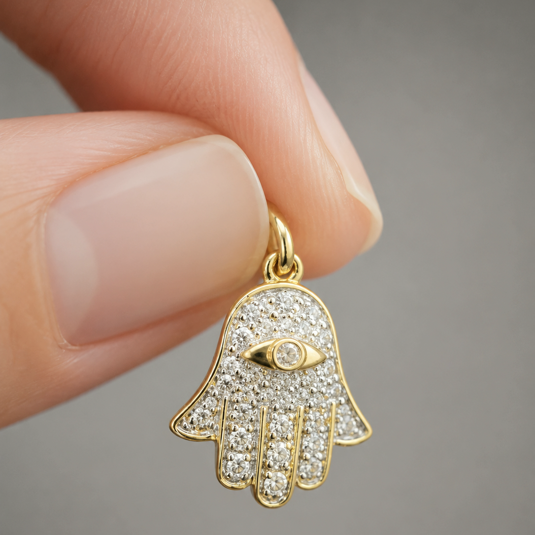 14K Yellow Gold Diamond Hamsa Hand Necklace