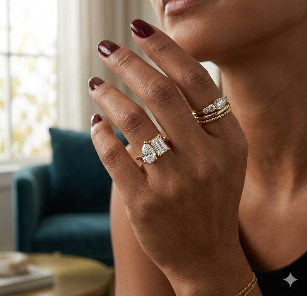 Toi et Moi Pear & Emerald Cut Lab Grown Diamond Ring 14K Gold