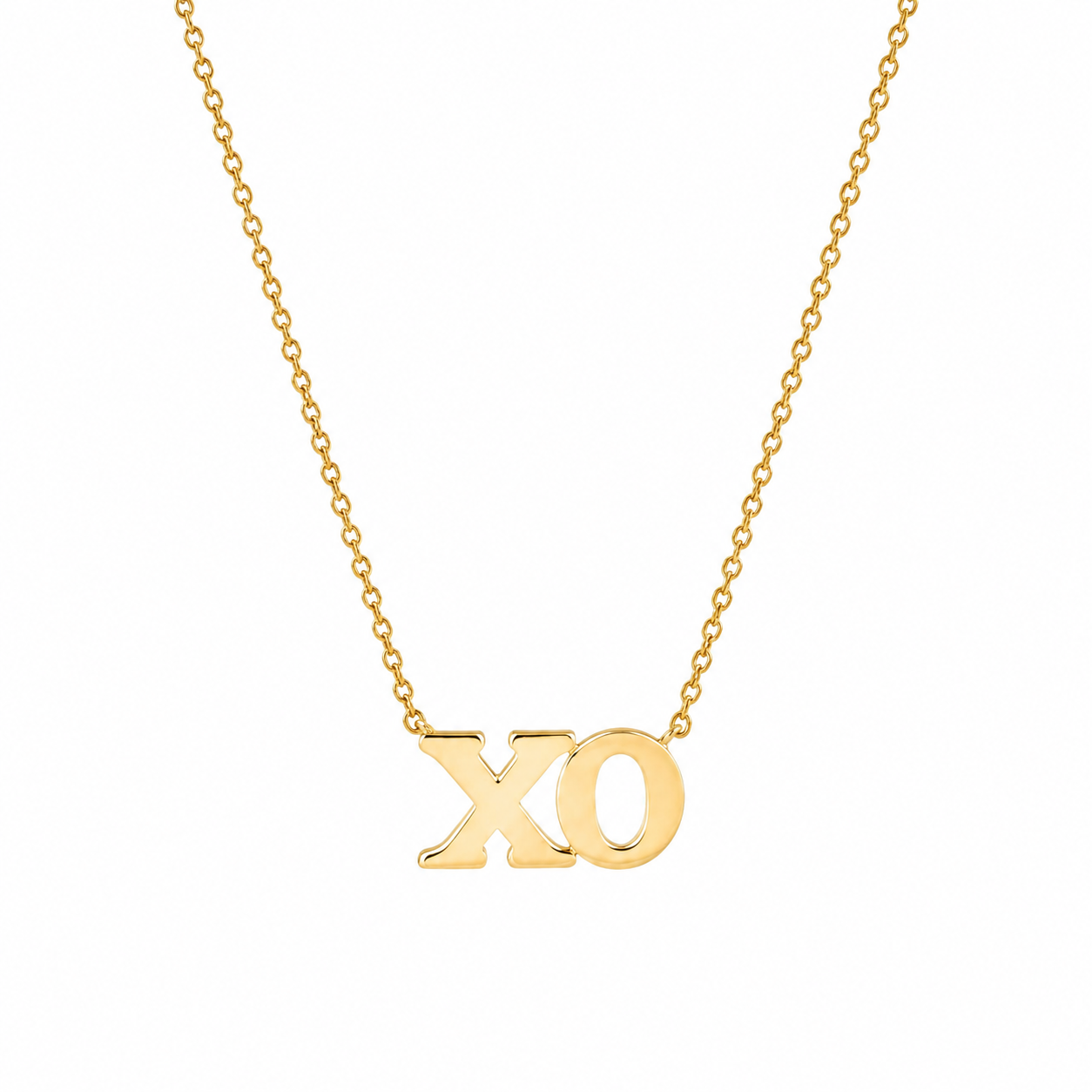 14K solid gold XO necklace in yellow gold on a delicate cable chain, available in yellow, white, and rose gold.