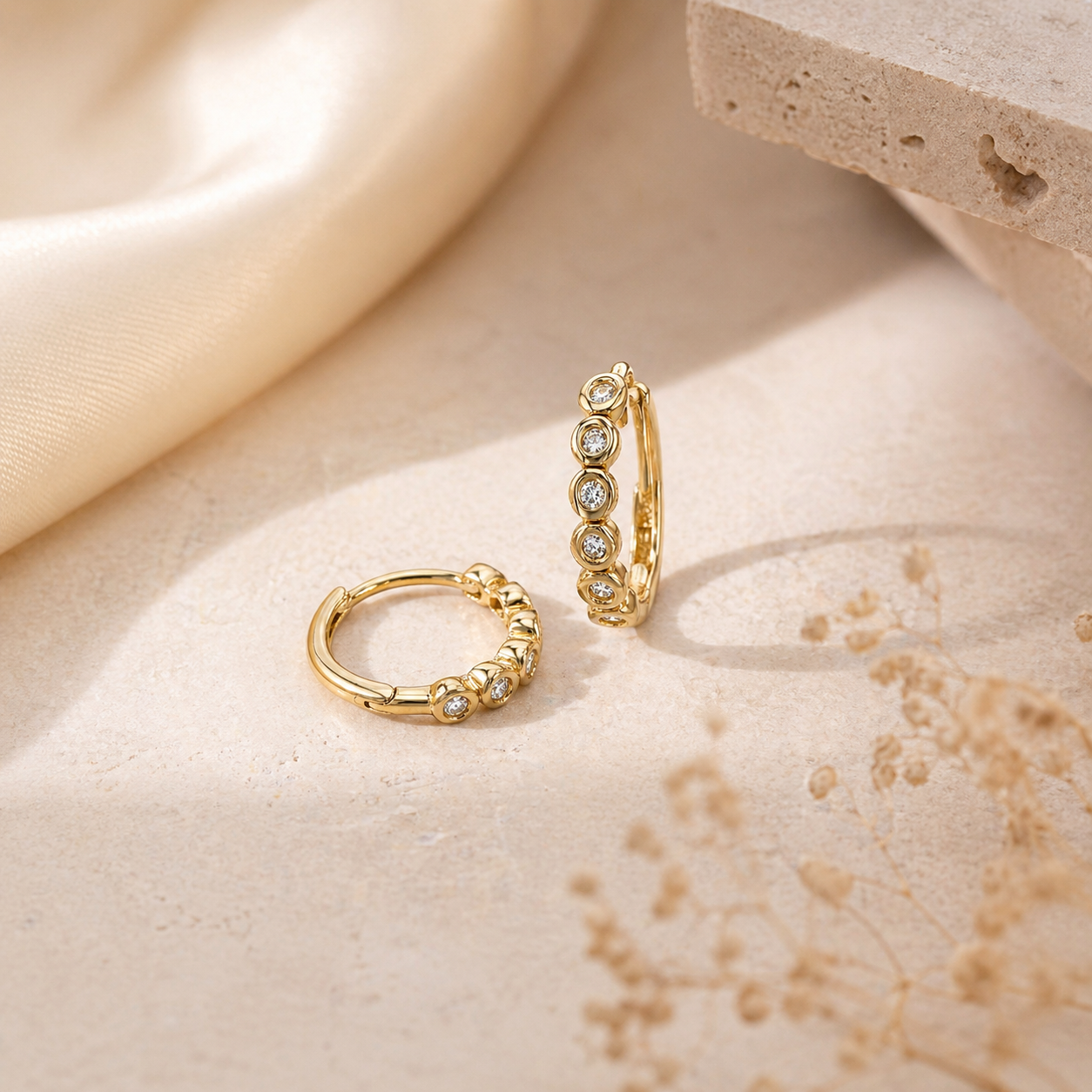 14K Yellow Gold Diamond Hoop Earrings – Bezel Set Huggie Hoops