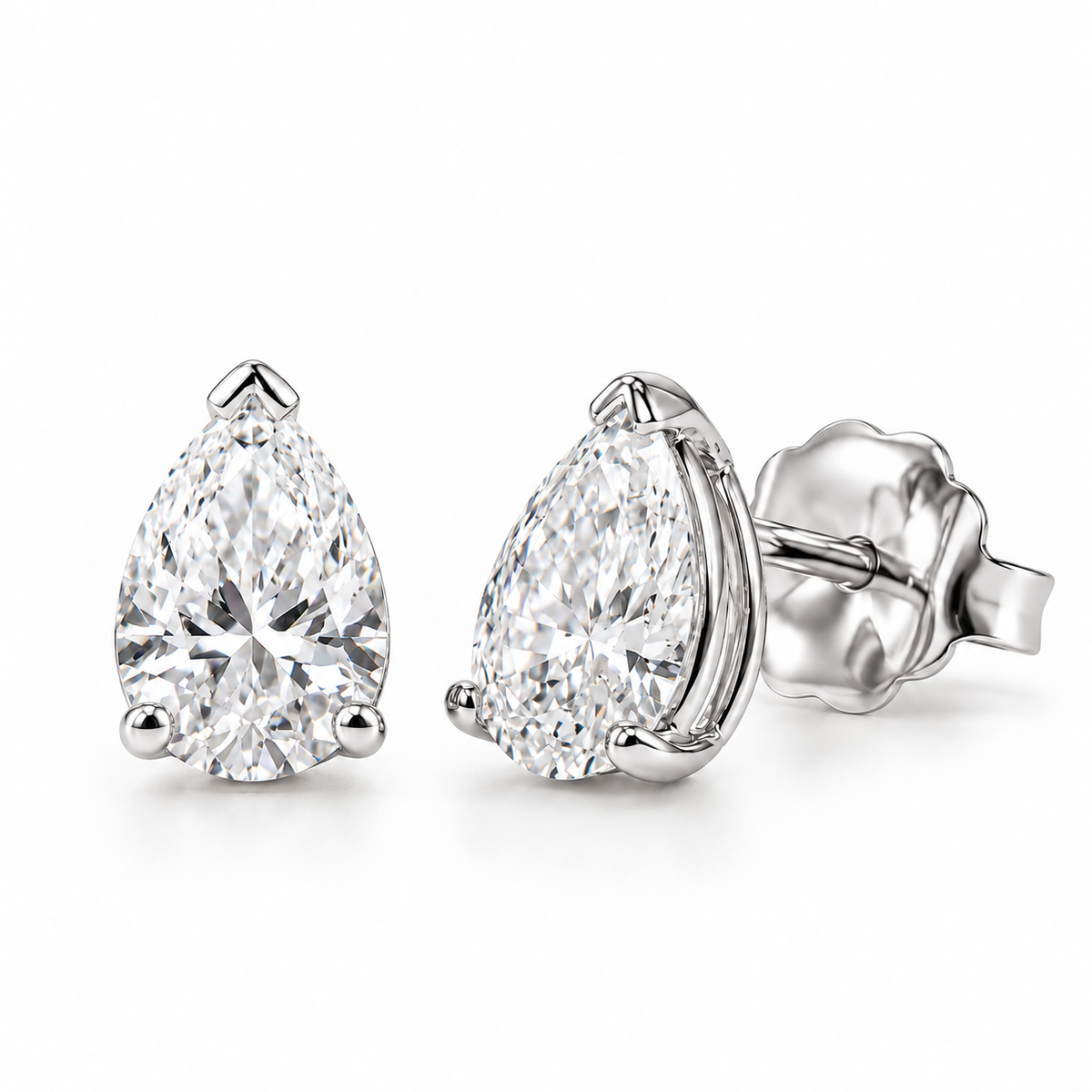 IGI-certified lab-grown pear diamond stud earrings in 14K white gold.
