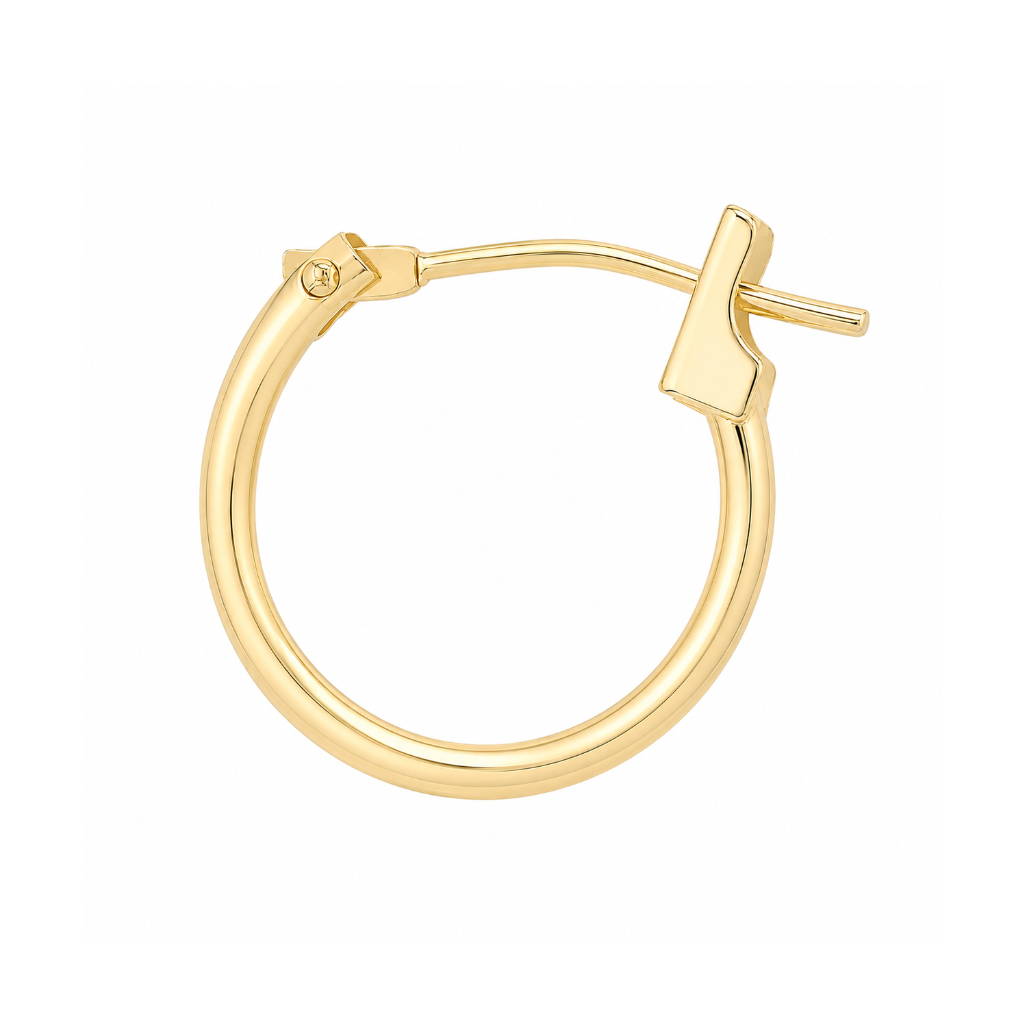 A polished yellow gold huggie hoop earring with a flat, geometric lever-style clasp, shown on a solid white background.