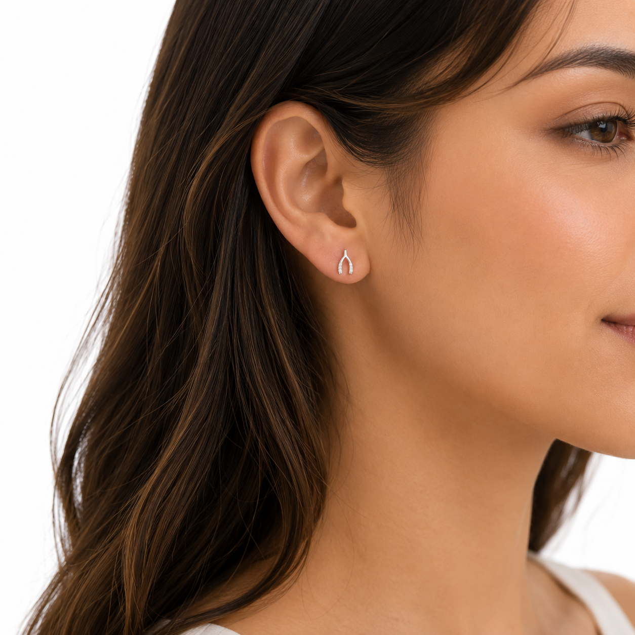 14K Solid Gold Diamond Wishbone Stud Earrings | Natural Diamond Lucky Horseshoe Earrings