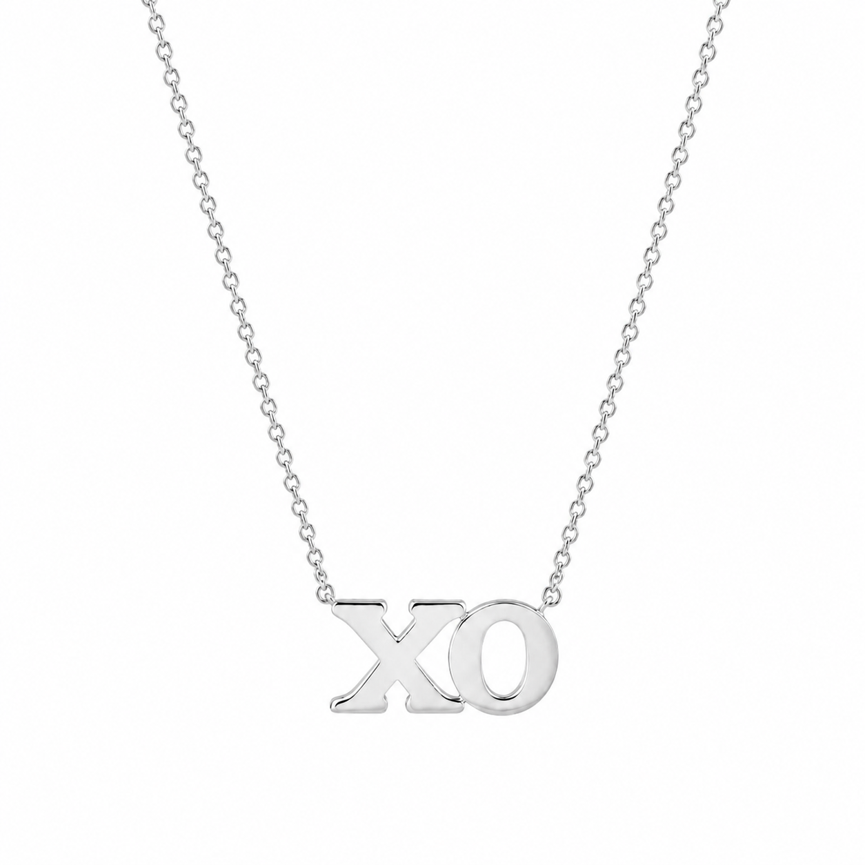 14K solid gold XO necklace in yellow gold on a delicate cable chain, available in yellow, white, and rose gold.