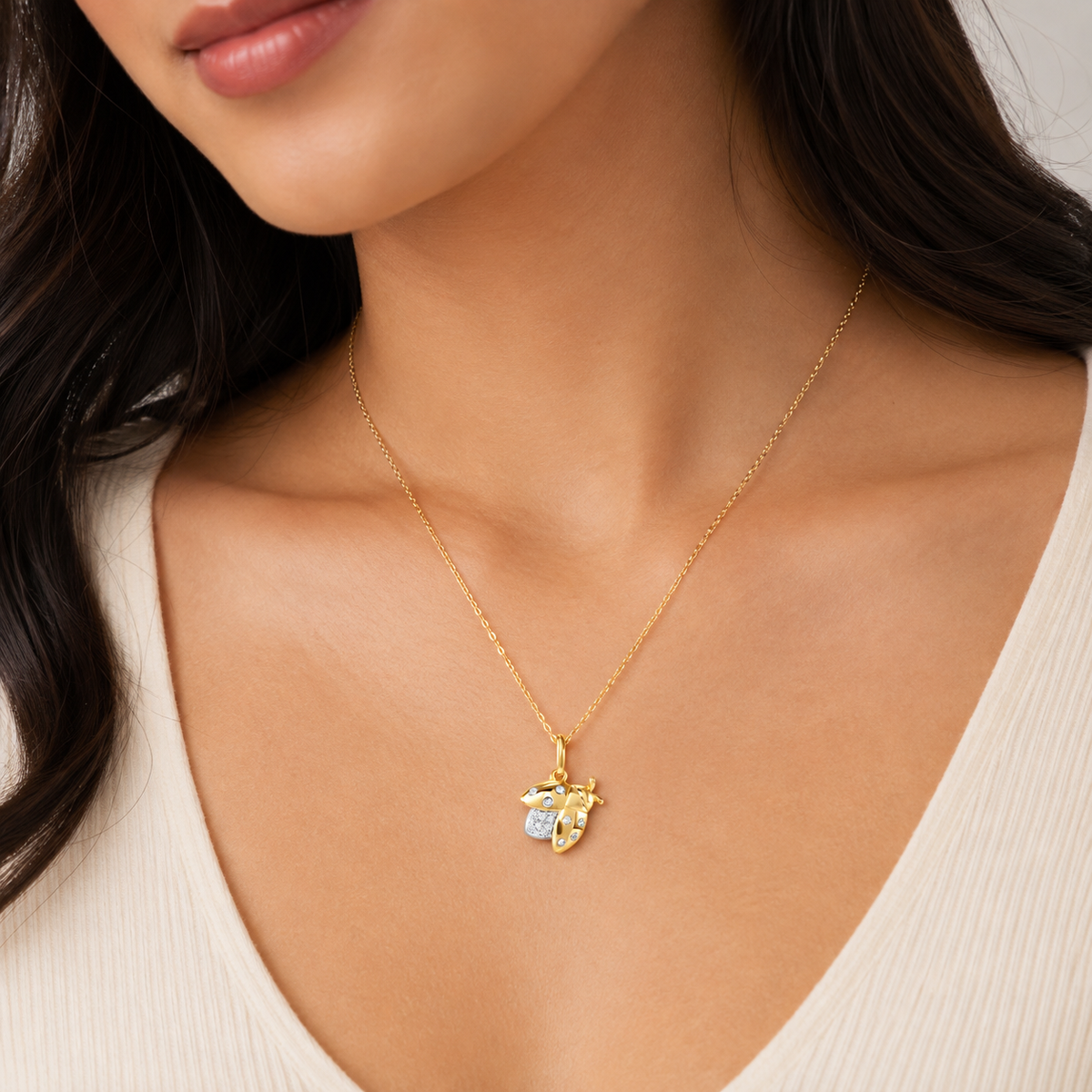 14K Gold Cicada Pendant Necklace with Natural Diamonds