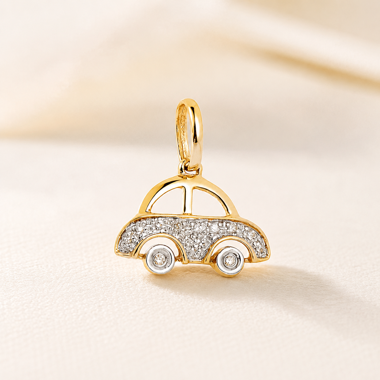 14K Yellow Gold Natural Diamond Car Charm Pendant – Mini Diamond Car Necklace Charm
