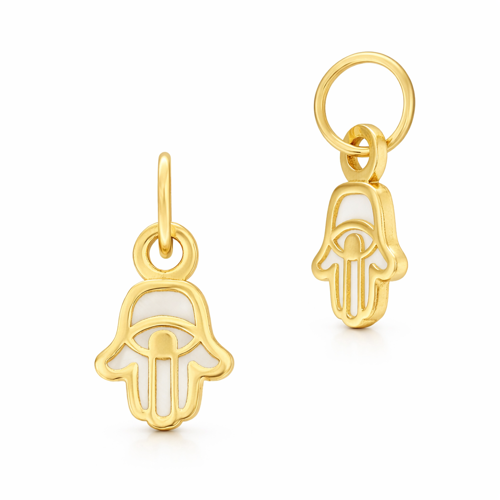 14K Solid Yellow Gold Hamsa Hand Pendant with Mother of Pearl