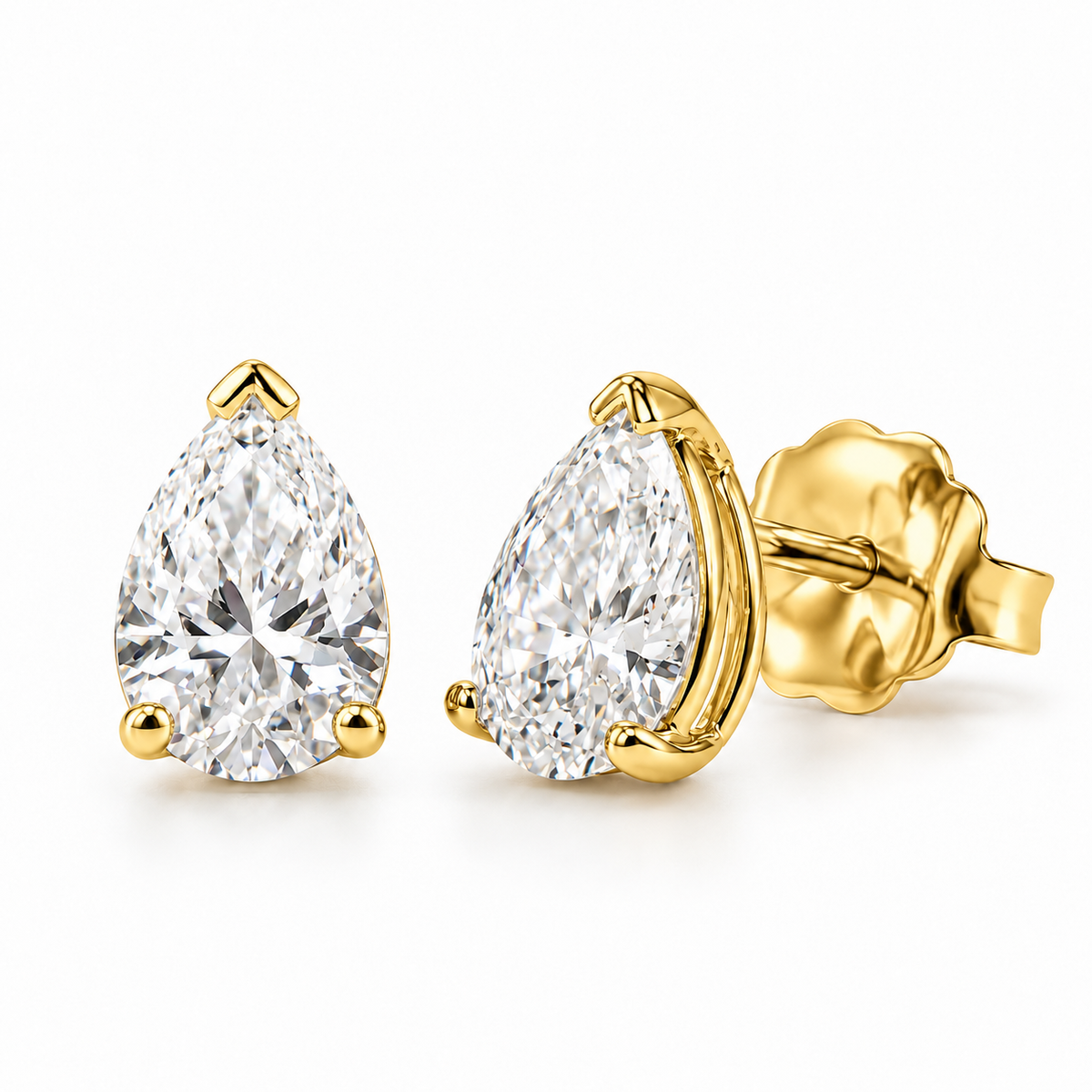 IGI-certified lab-grown pear diamond stud earrings in 14K yellow gold.