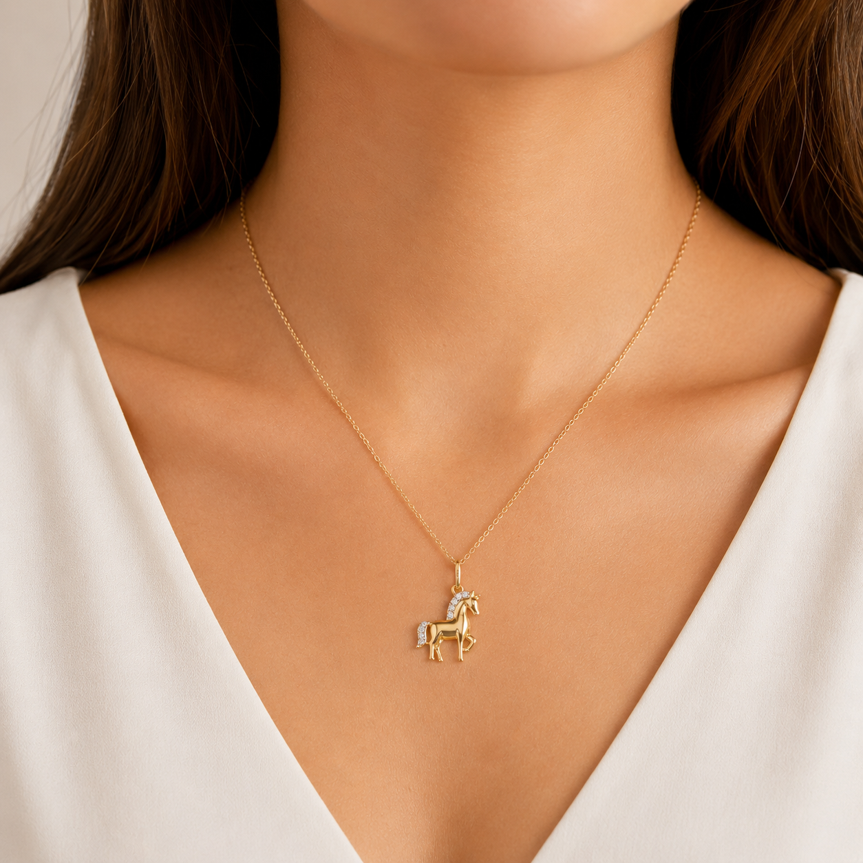 14K Gold Natural Diamond Horse Pendant Necklace