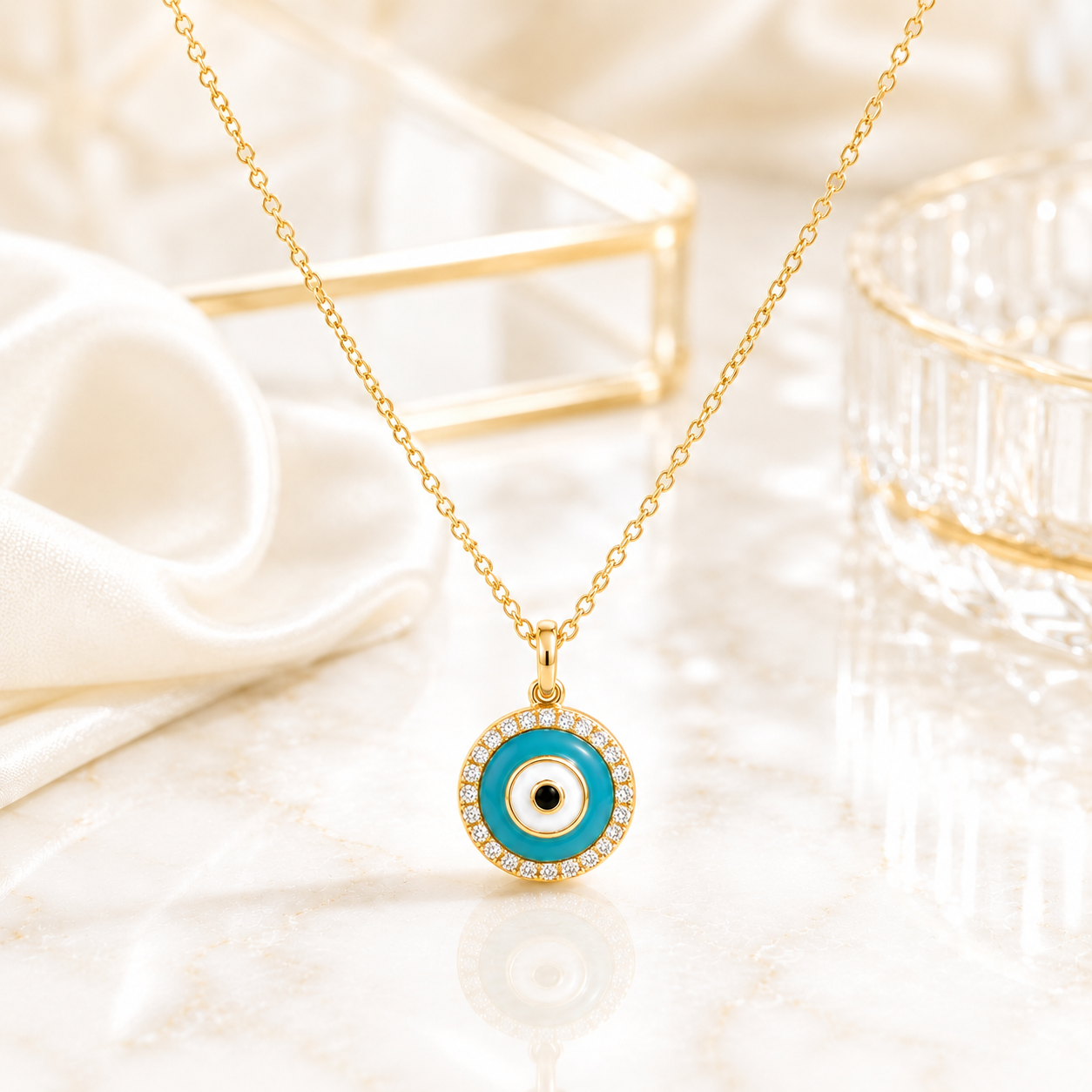 14K Gold Diamond Evil Eye Pendant Charm with Turquoise Enamel