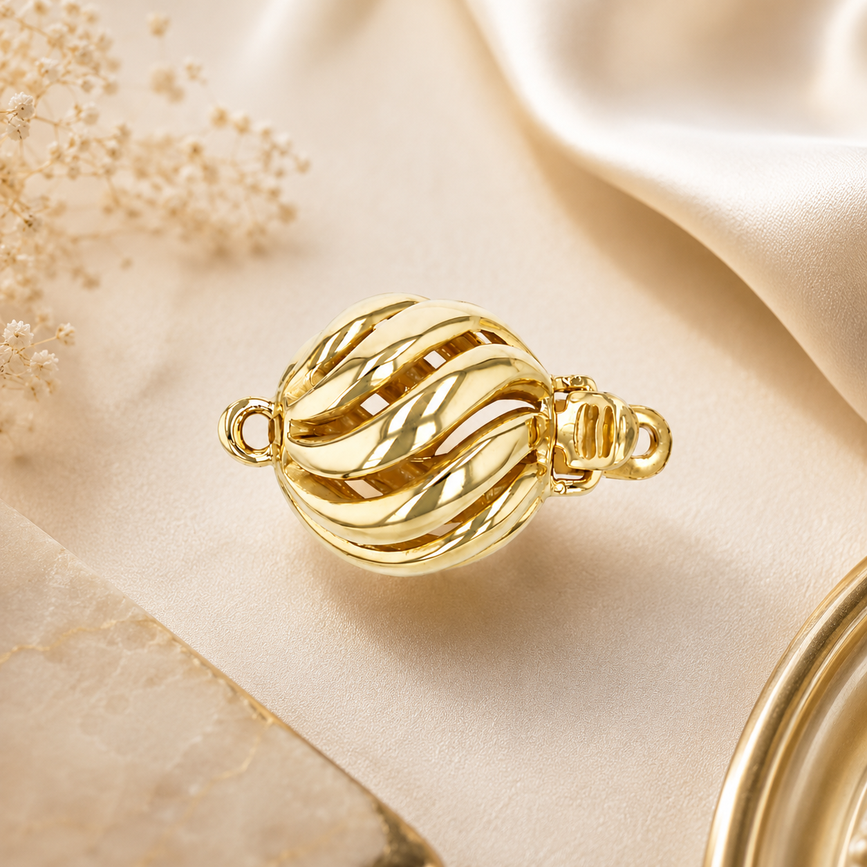 14K Gold Wave Ball Clasp – One Strand Necklace