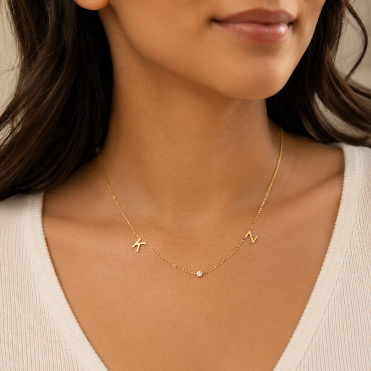 14K gold space letter and natural diamond bezel necklace