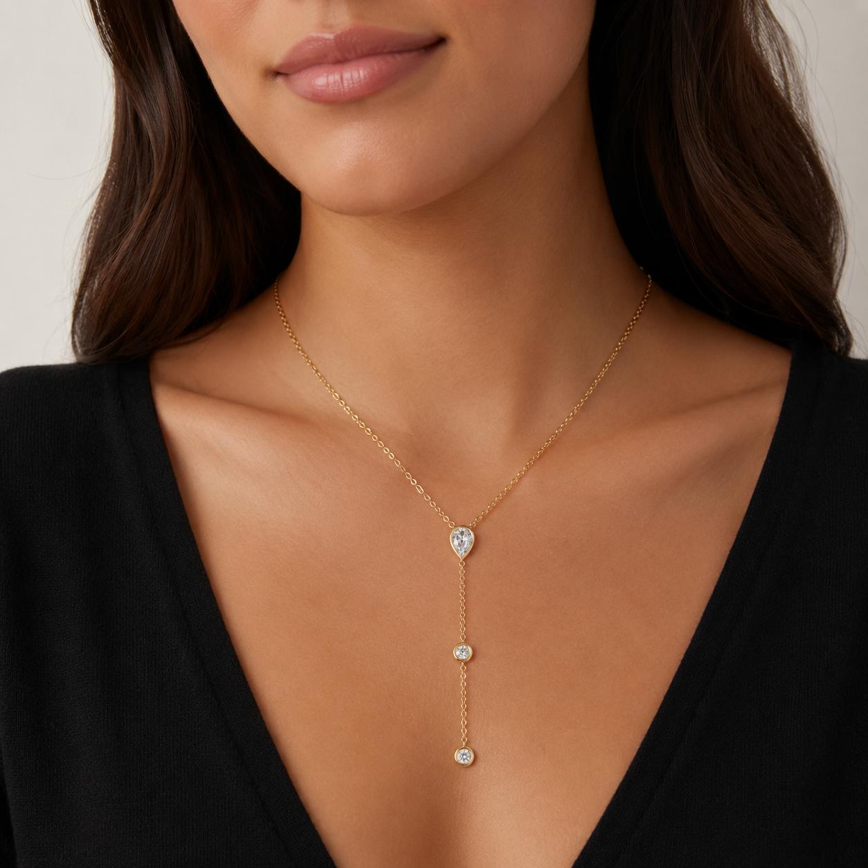 Natural Pear Shape Diamond Bezel Lariat Necklace in 14K Gold | Elegant Drop Y Necklace