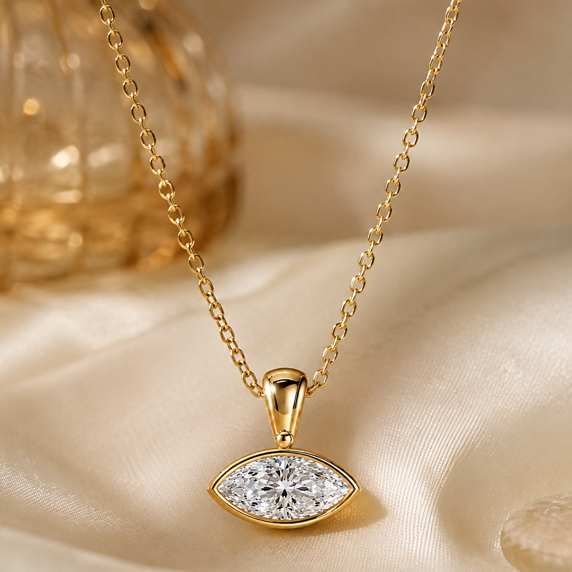 14K Gold Marquise Lab Grown Diamond Bezel Necklace – IGI Certified, 1CT to 5CT
