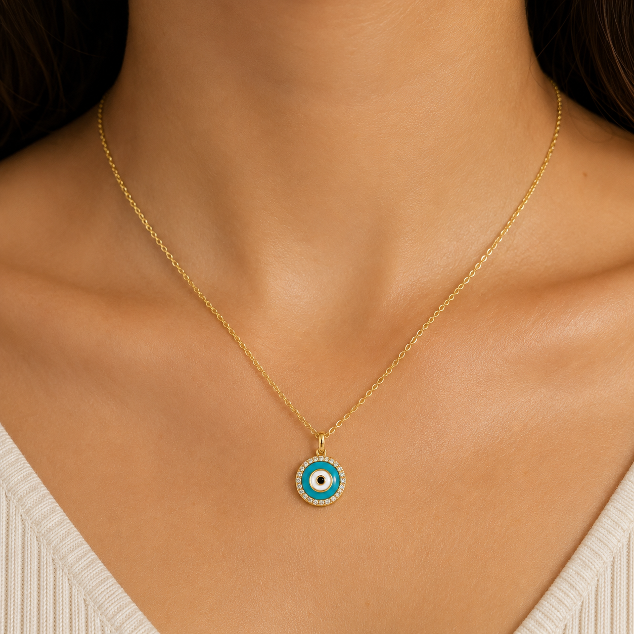 14K Gold Diamond Evil Eye Pendant Charm with Turquoise Enamel