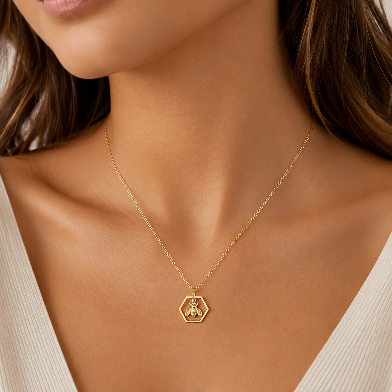 14K Solid Gold Honey Bee Hexagon Necklace