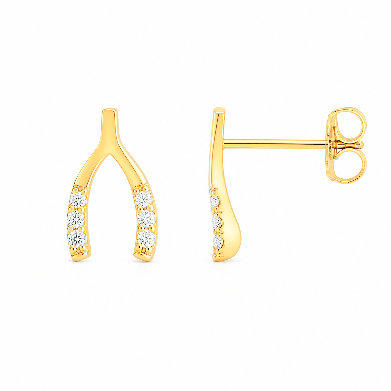 14K Solid Gold Diamond Wishbone Stud Earrings | Natural Diamond Lucky Horseshoe Earrings