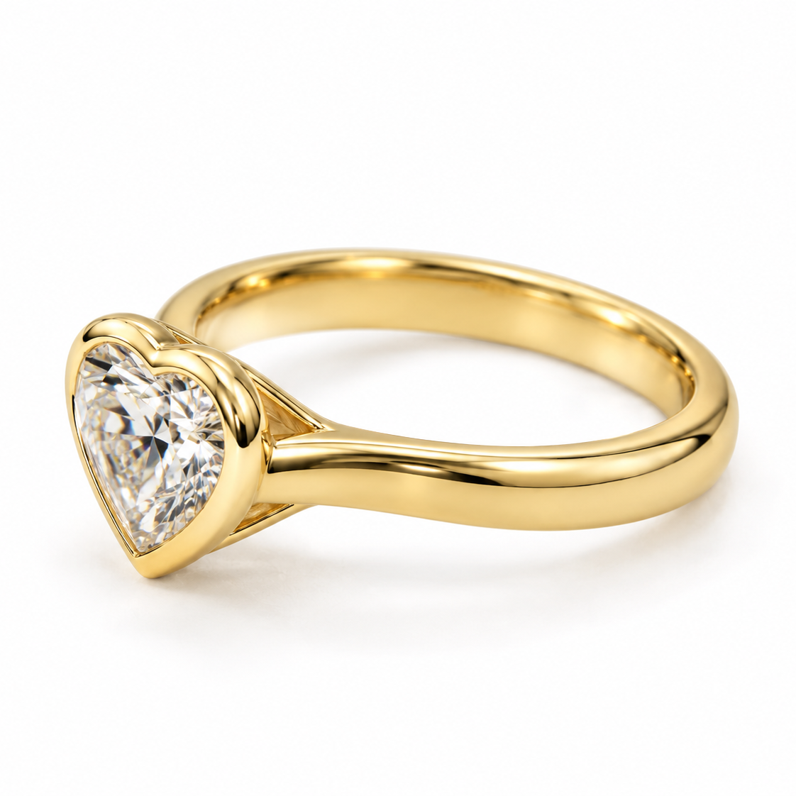 Side view of 14K gold lab grown diamond engagement ring showing raised bezel setting and open gallery