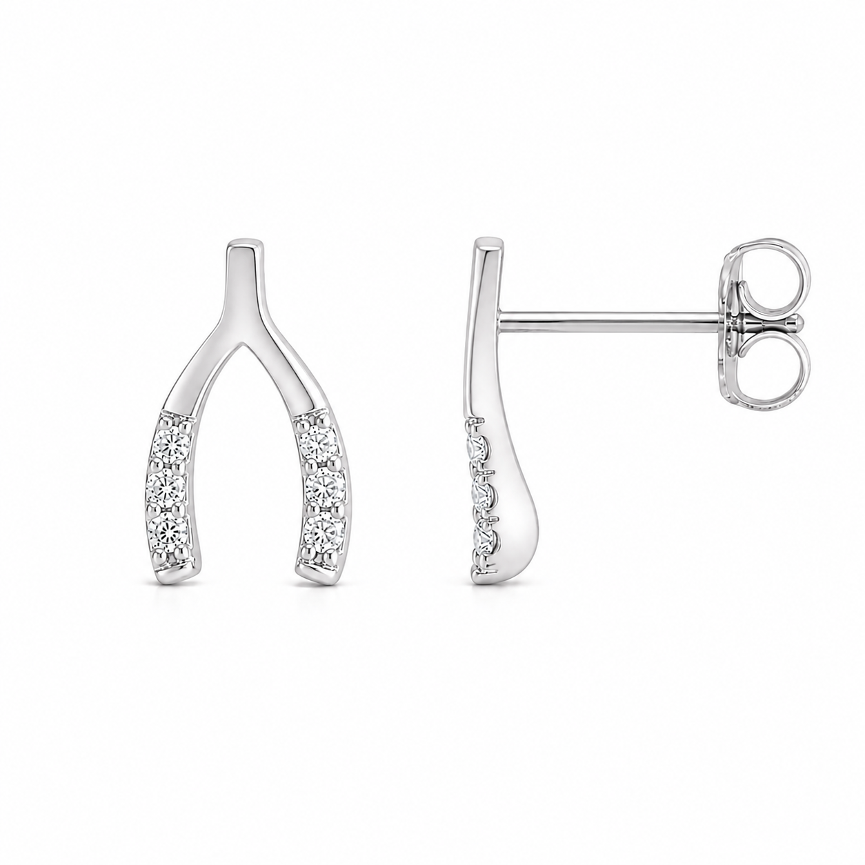 14K Solid Gold Diamond Wishbone Stud Earrings | Natural Diamond Lucky Horseshoe Earrings