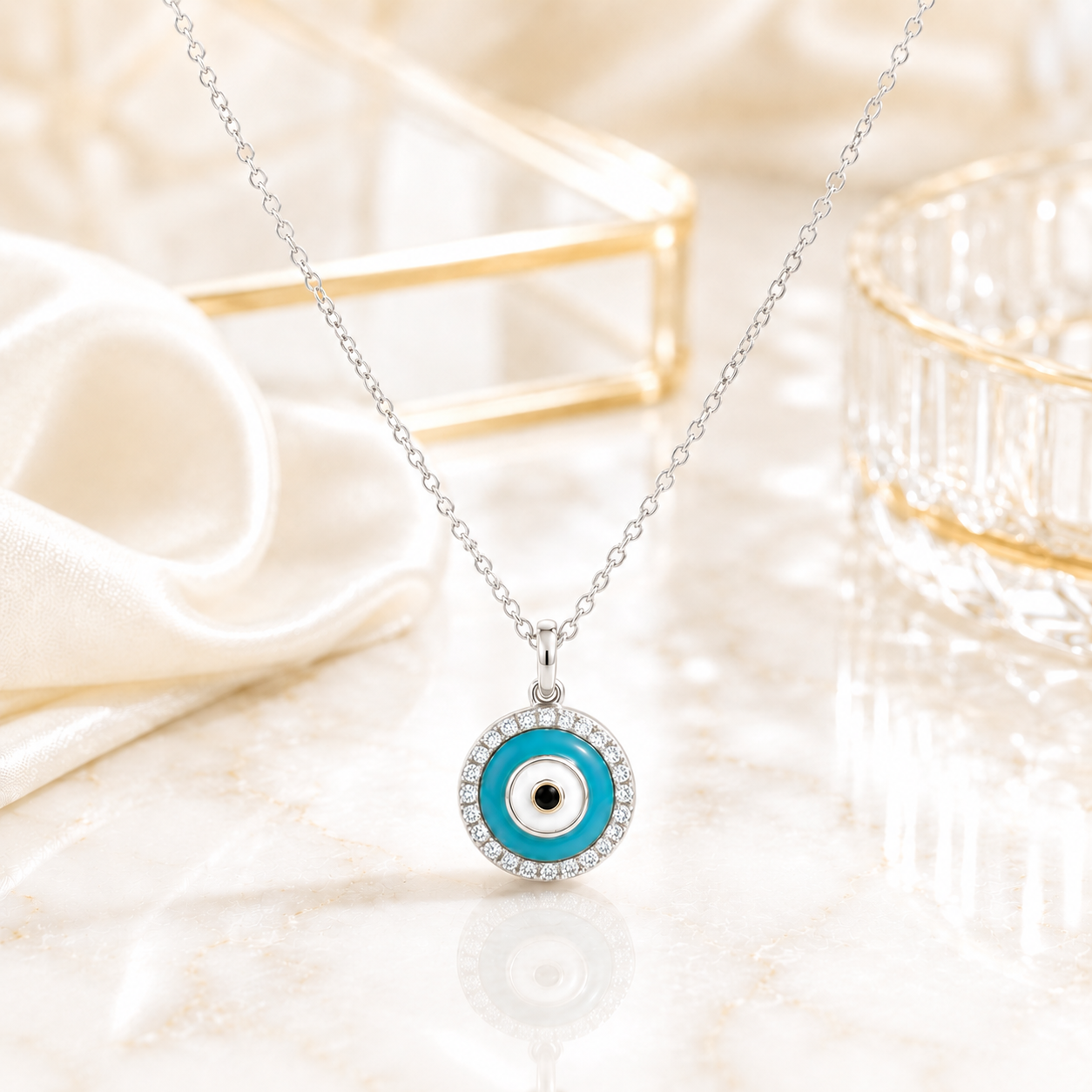 14K Gold Diamond Evil Eye Pendant Charm with Turquoise Enamel