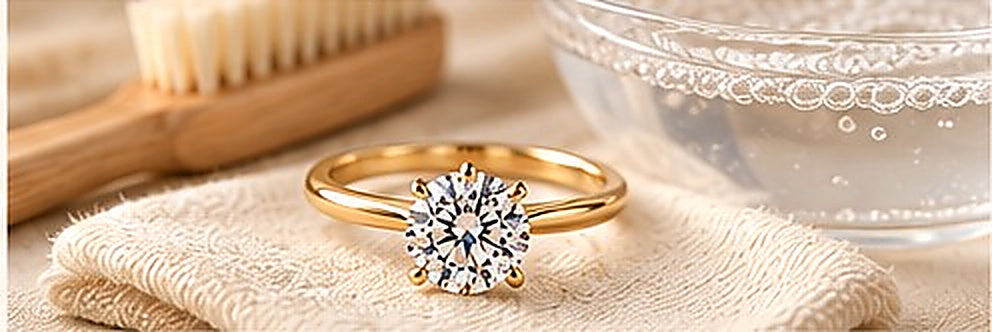 Diamond ring with jewelry cleaning brush and care materials, high-resolution image