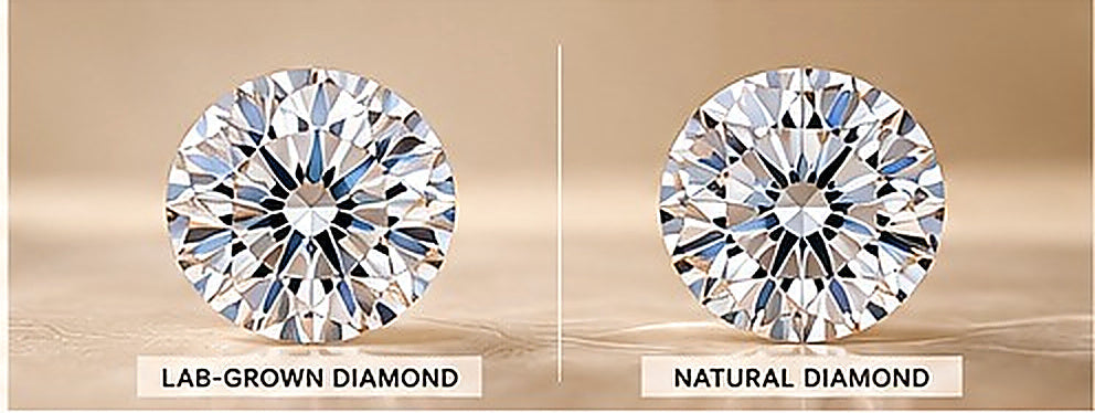 Side-by-side lab-grown and natural diamond comparison, high-resolution educational image