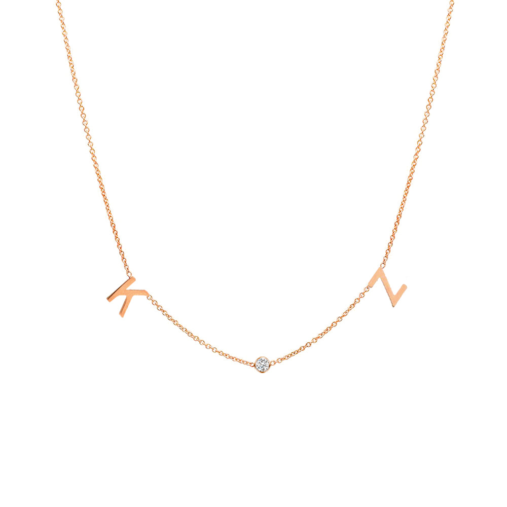 14K gold space letter and natural diamond bezel necklace