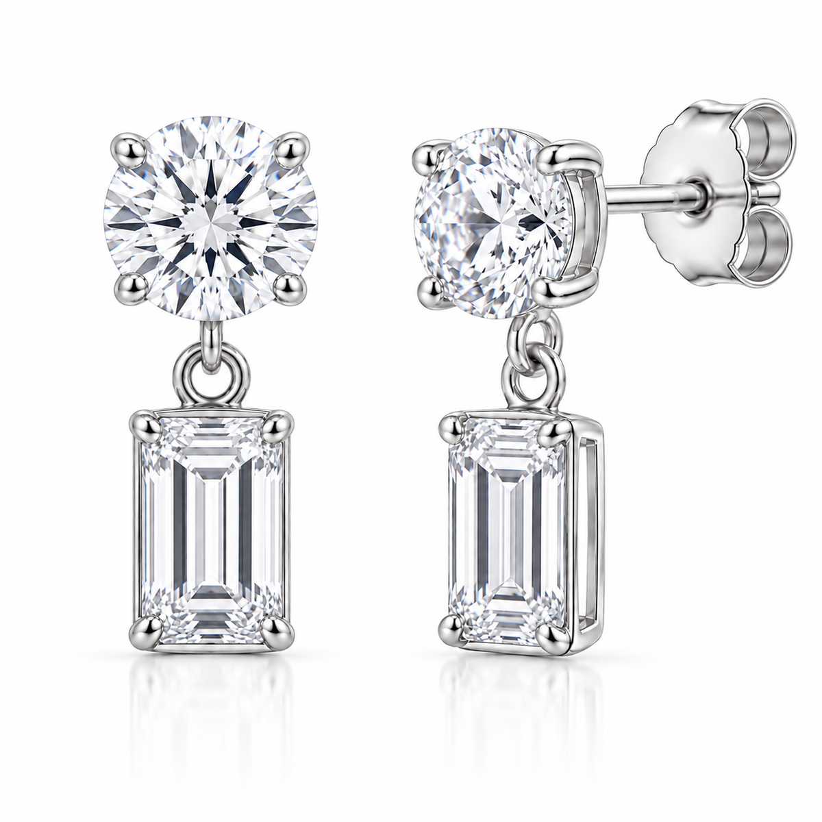 14K white gold diamond drop earrings with round brilliant diamond studs and emerald cut diamond pendants