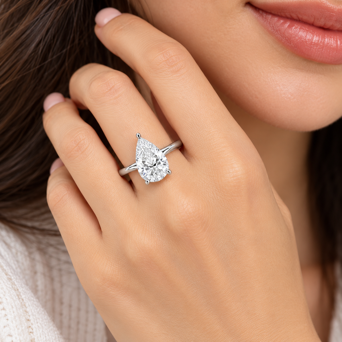 14K white gold pear-shaped lab-grown diamond solitaire ring, product photo