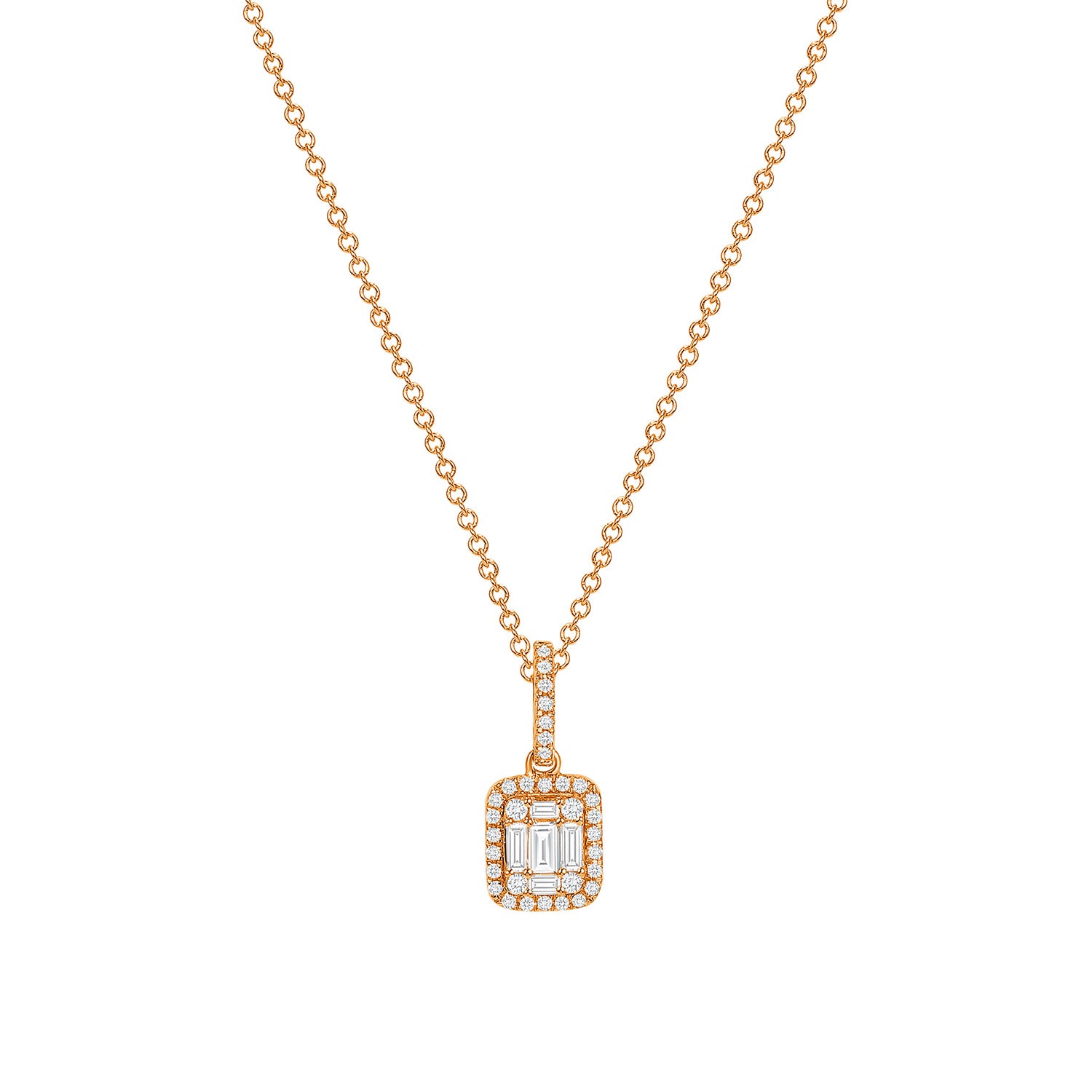 Baguette and Round Diamond Pendant Necklace 14K Gold