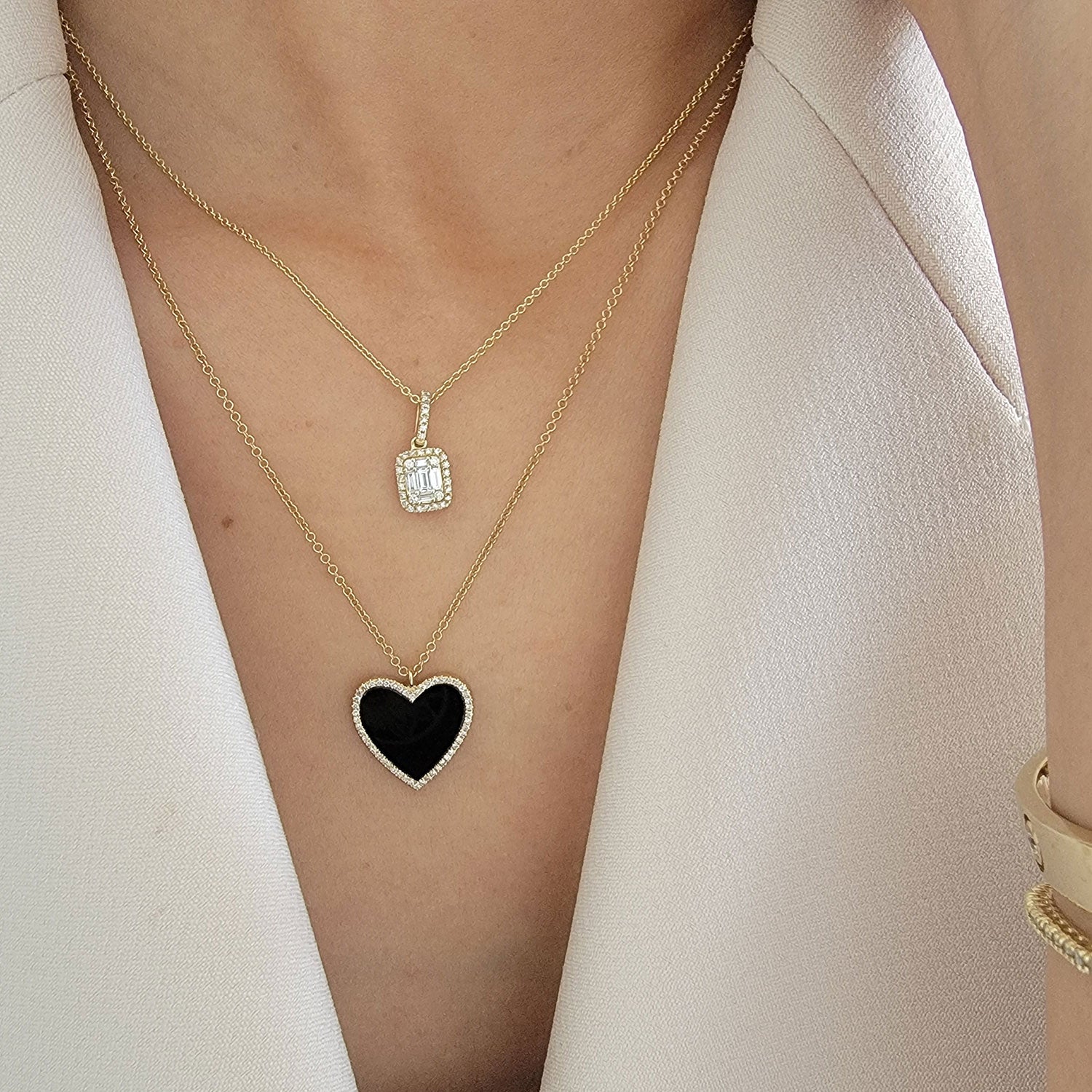 Baguette and Round Diamond Pendant Necklace 14K Gold