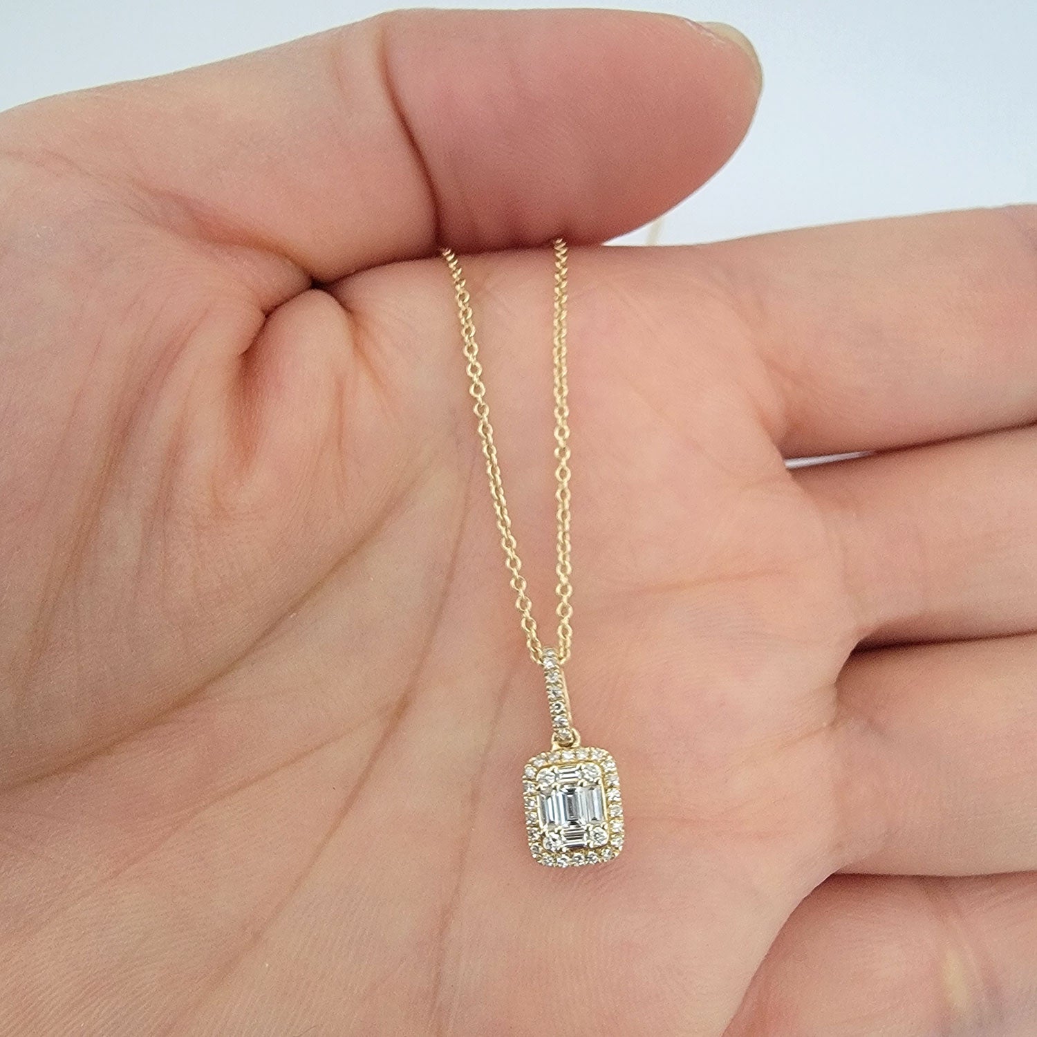 Baguette and Round Diamond Pendant Necklace 14K Gold