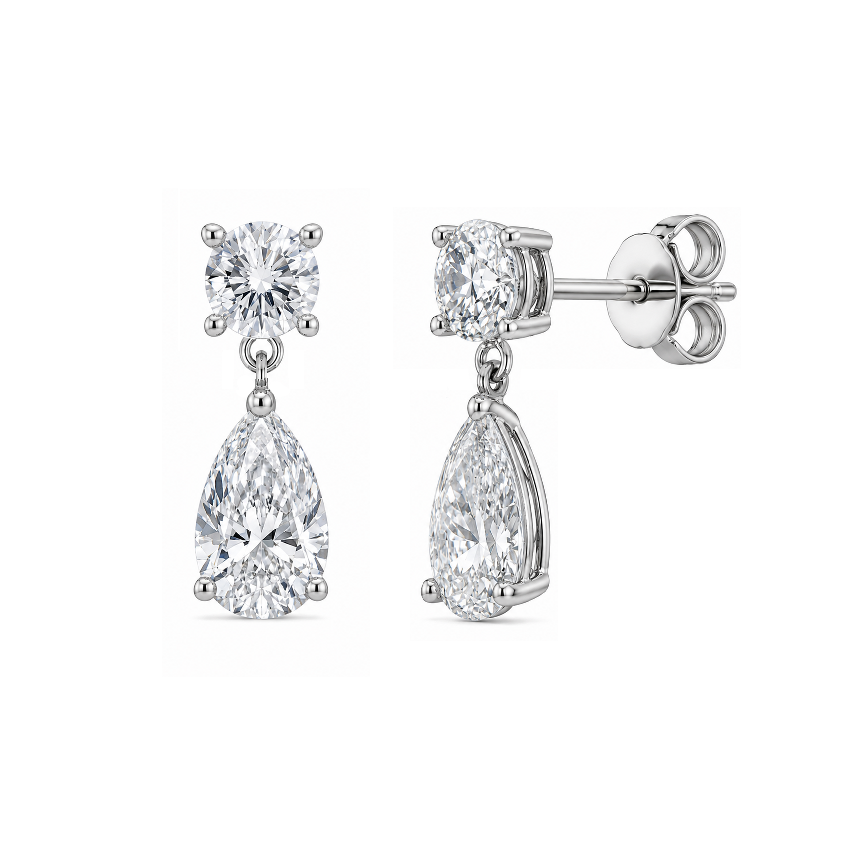 14K gold lab grown diamond drop earrings featuring round brilliant stud diamonds and pear-shaped dangling diamonds in a classic four-prong setting.