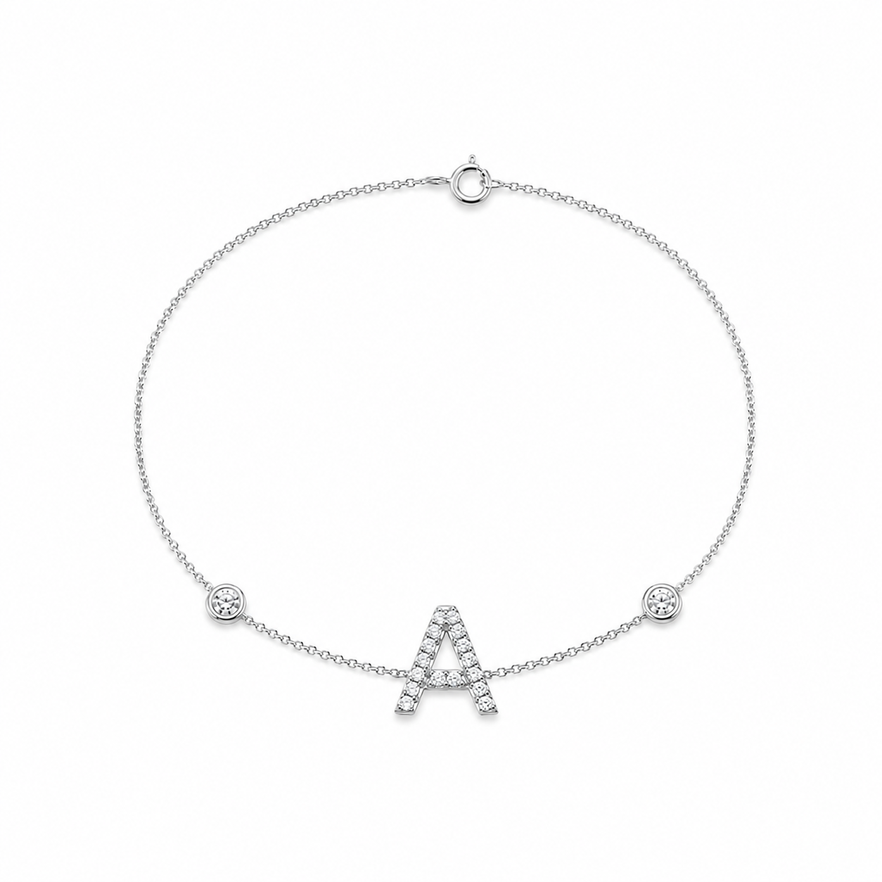 Personalized Diamond Initial Bracelet with Double Bezel Diamonds in 14K Gold