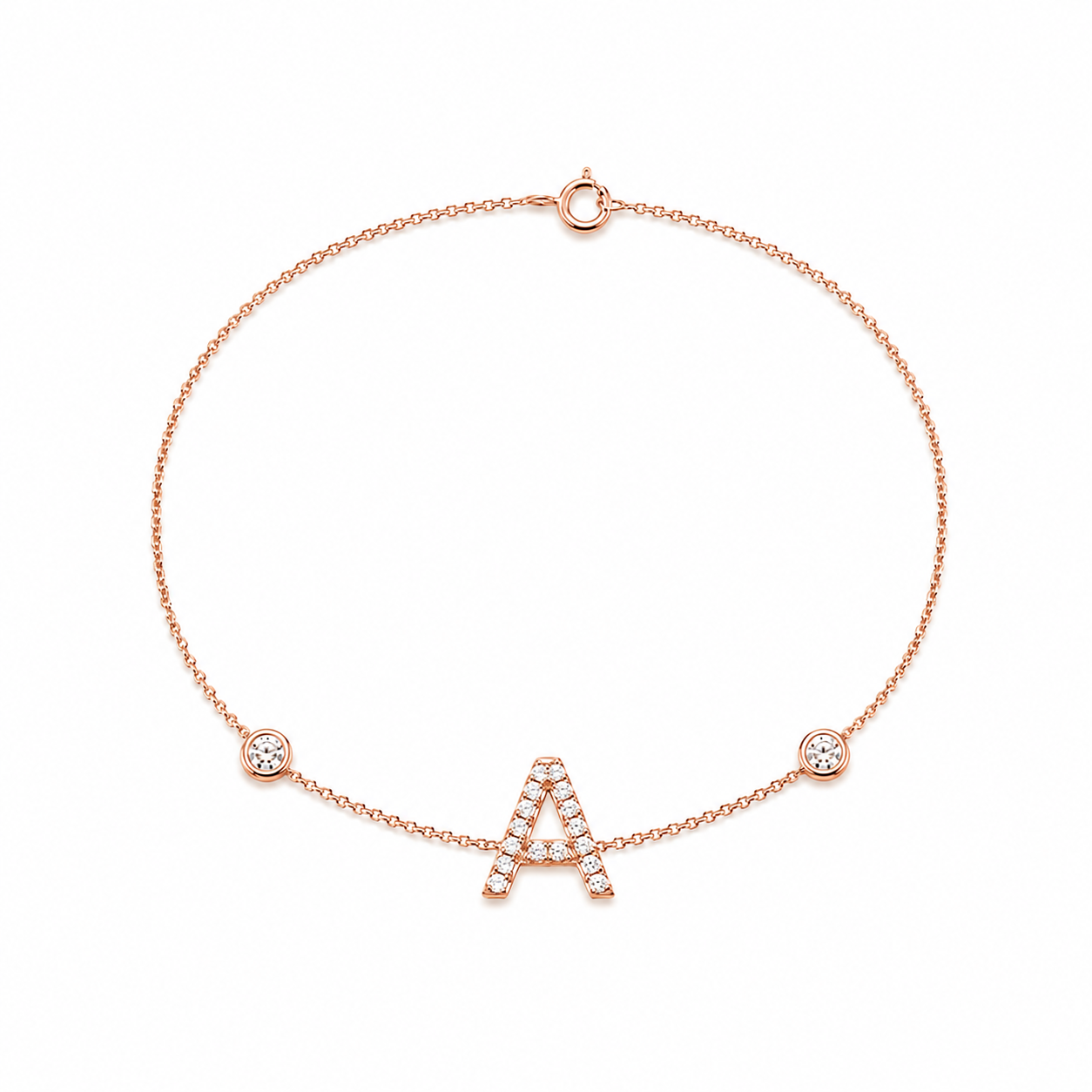 Personalized Diamond Initial Bracelet with Double Bezel Diamonds in 14K Gold