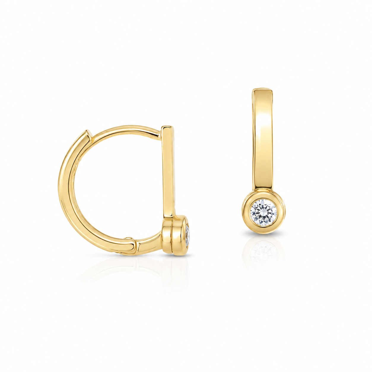 14K solid yellow gold diamond huggie hoop earrings with bezel-set natural diamonds