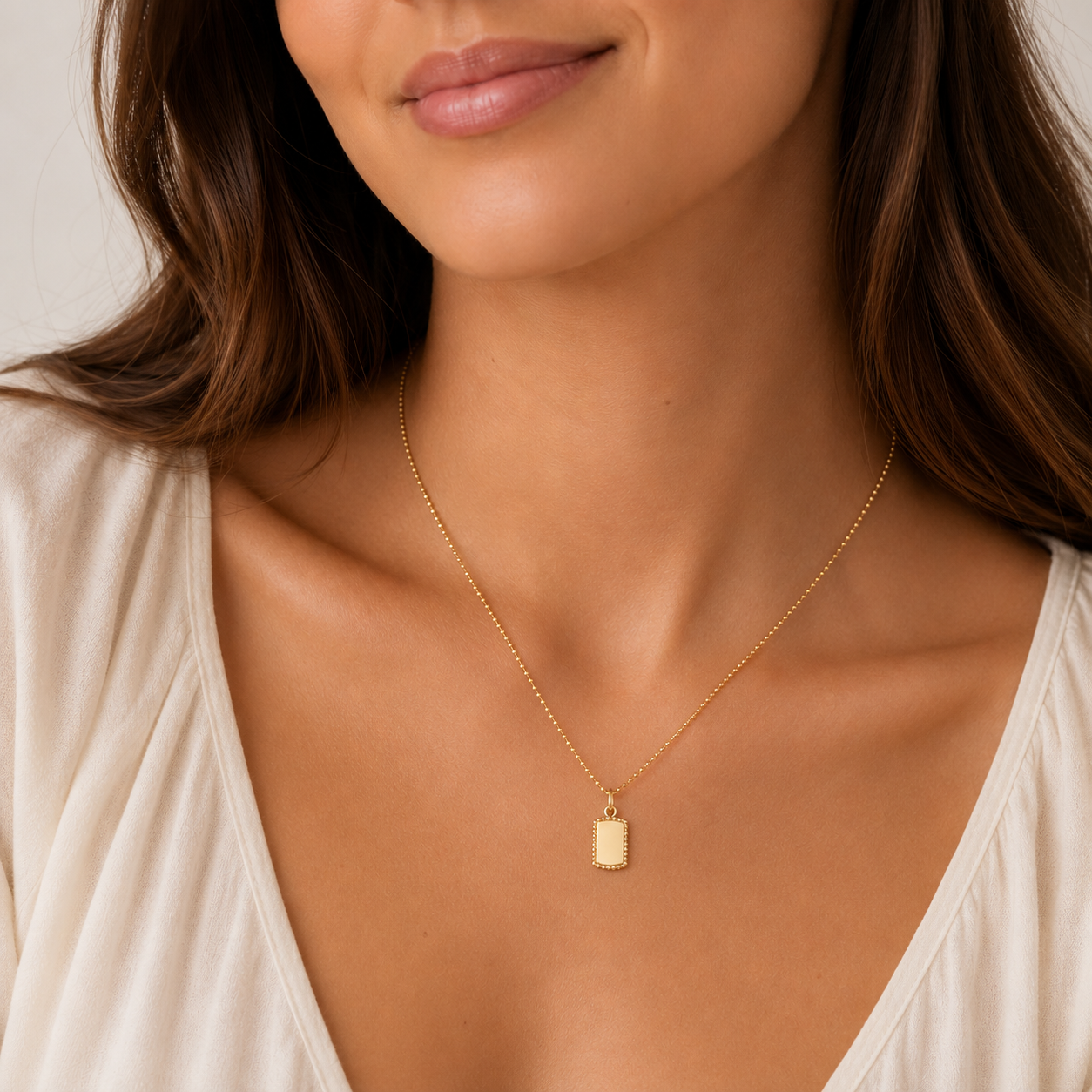 14K Solid Gold Beaded Border Dog Tag Necklace | Engravable Pendant Necklace
