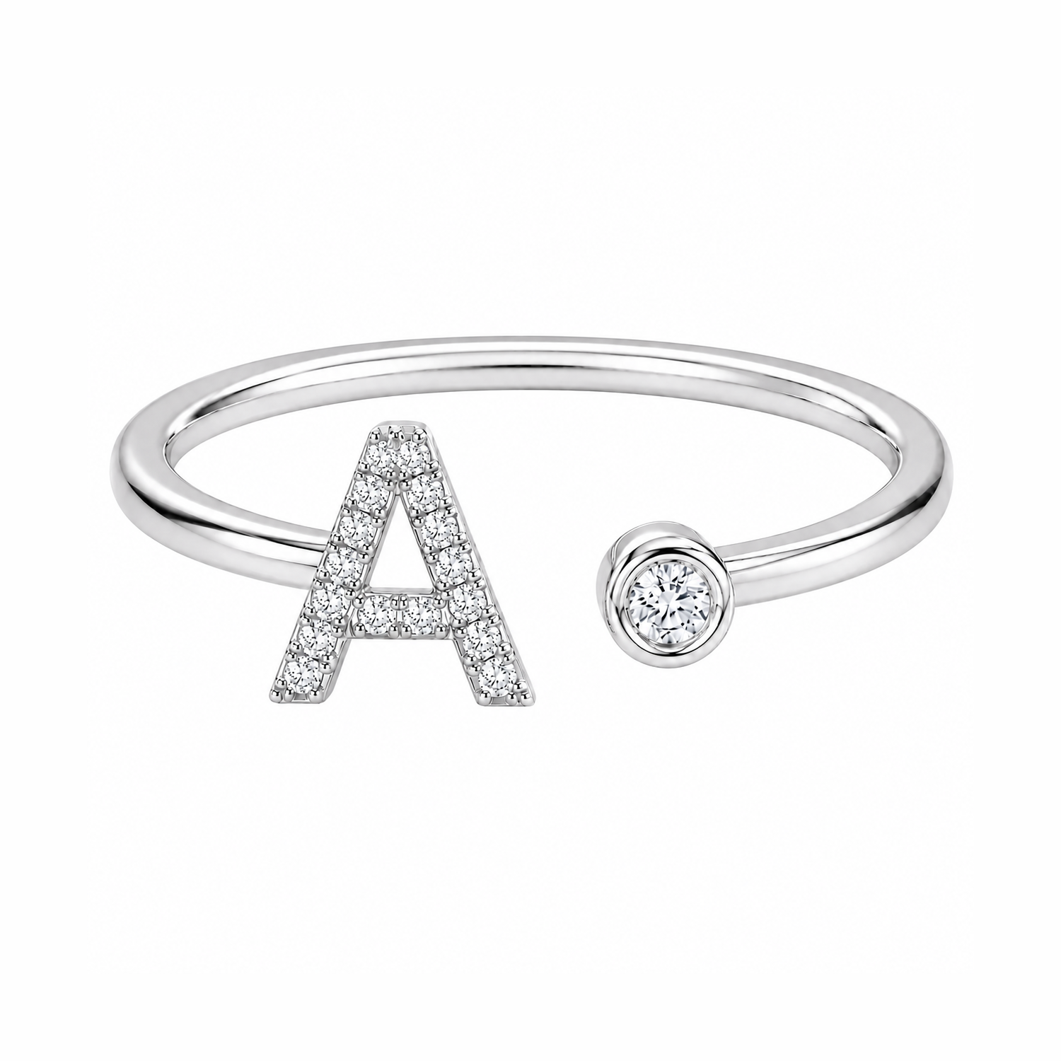 Silver ring with letter 'A' and small diamond on a white background