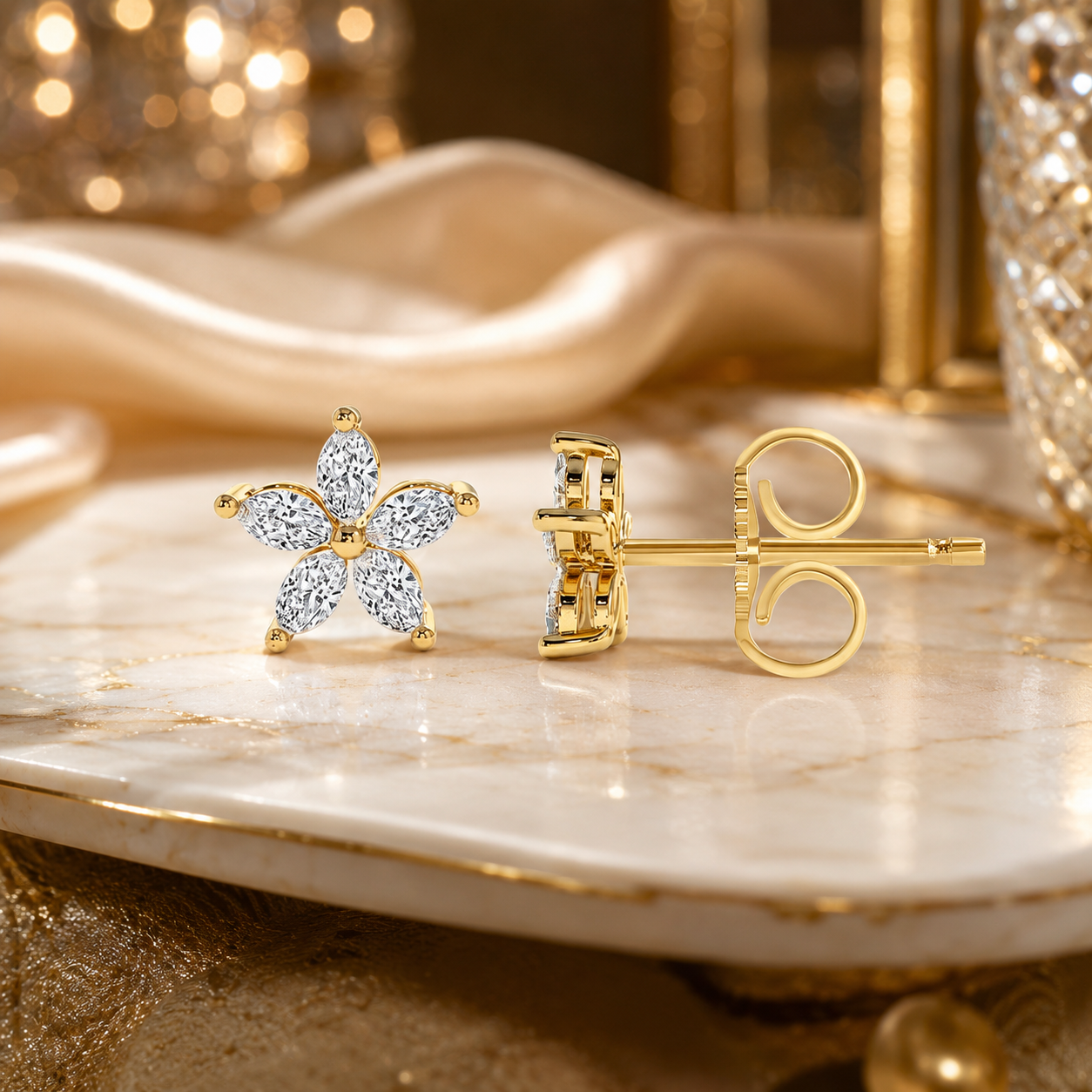 Marquise Diamond Floral Stud Earring 14K Gold