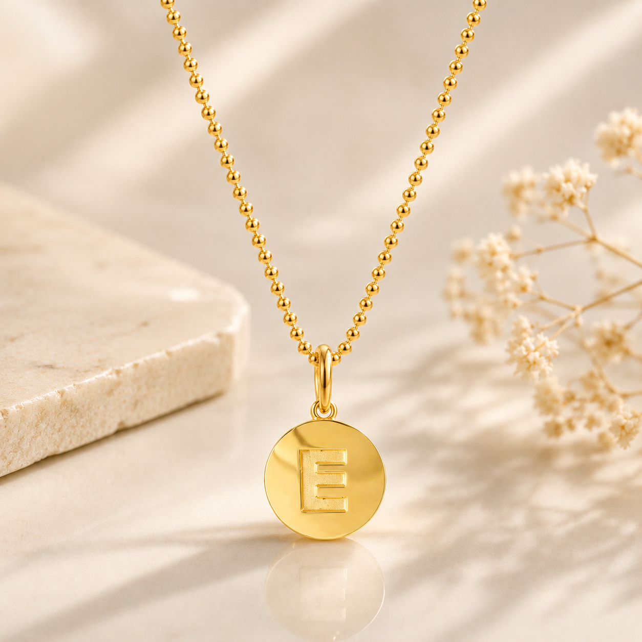 Round Disc Letter Pendant Necklace 14K Gold