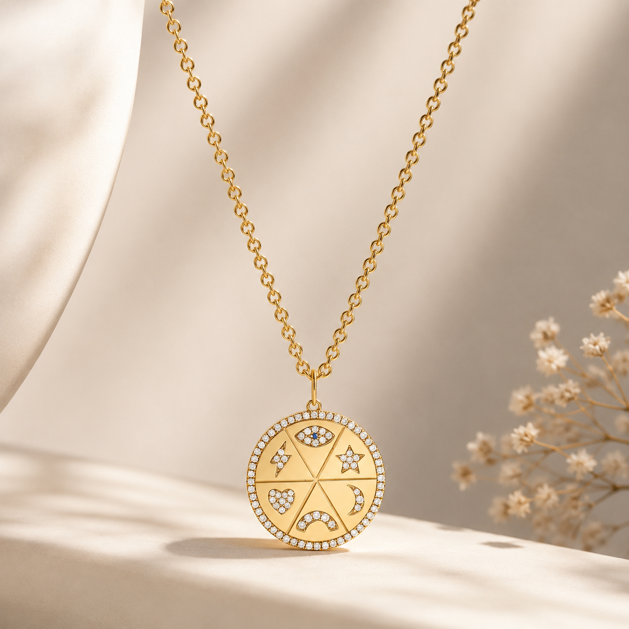 Diamond Lucky Disc Pendant Necklace in 14K Yellow Gold