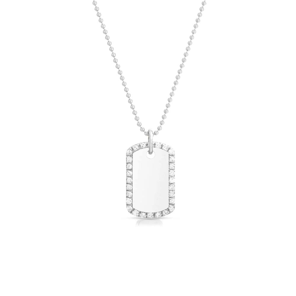Natural Diamond Dog Tag Pendant Necklace in 14K White Gold