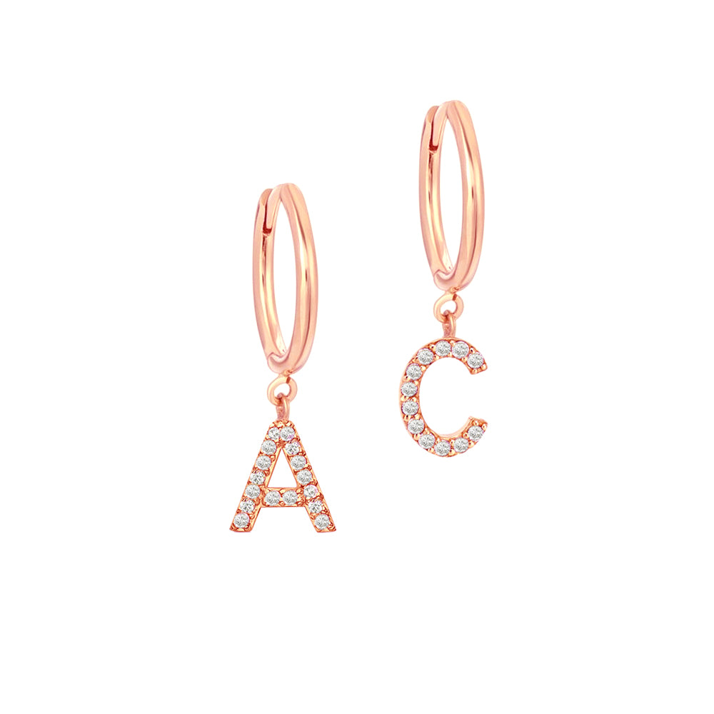 14K Gold Natural Diamond Initial Hoop Earrings - Personalized Letter Charm Huggie Earrings