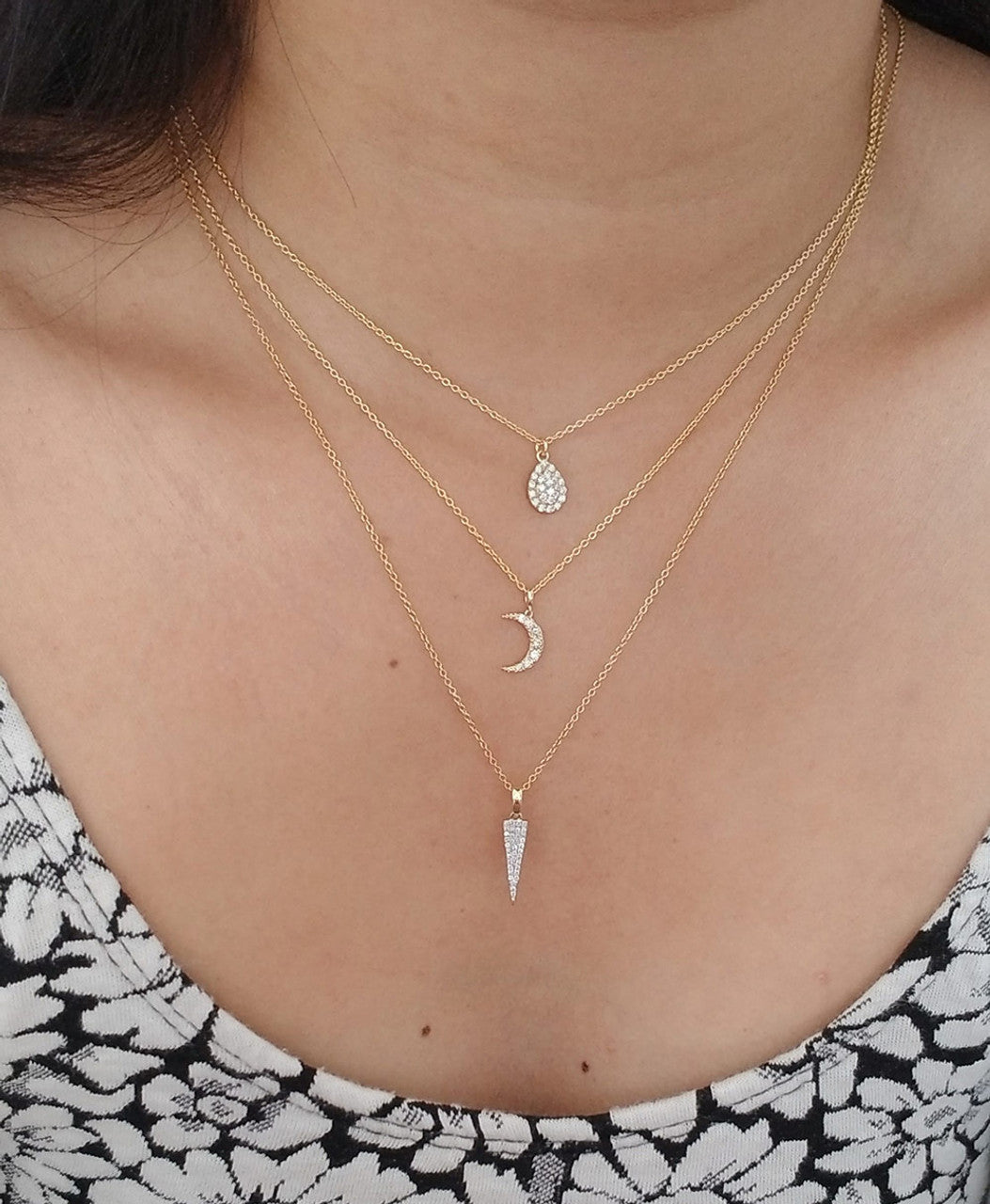 14K Pave Diamond Spike Pendant Necklace 